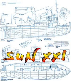 full size printed plan vintage 1966 modern tug model scale 1/3 in. to 1 ft. "sun xxi" for radio control