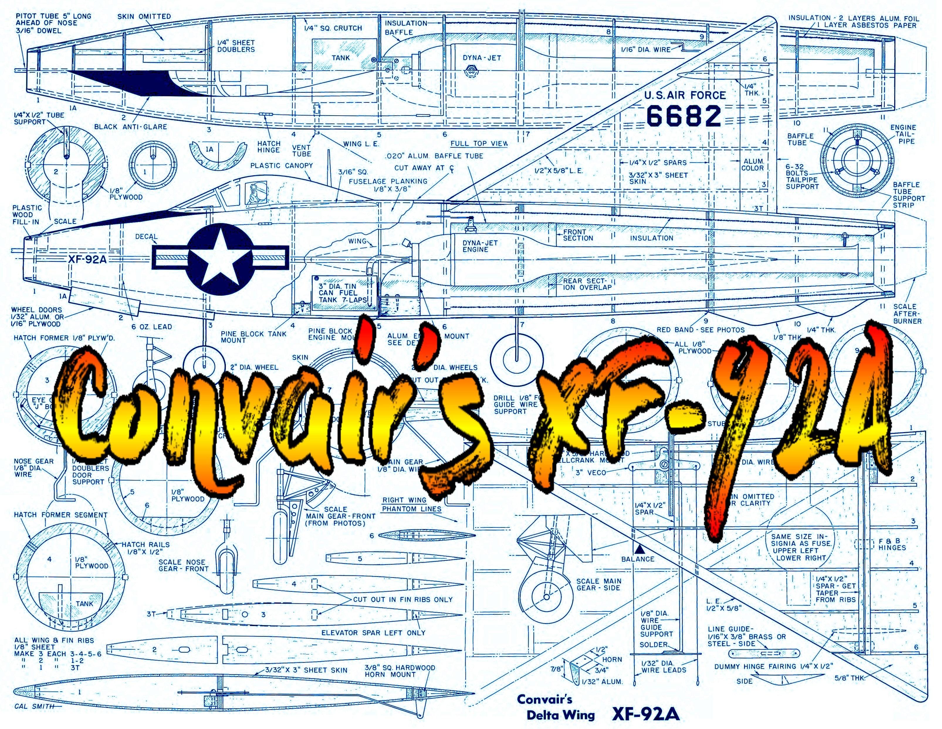 full size printed plans vintage 1950 scale 1"= 1’ xf-92a convairs delta wing engine dyna-jet  or  ducted fan