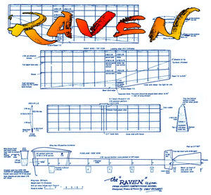 full size printed plan 1970 free flight  48" in span,  cox .049 to .051. the raven