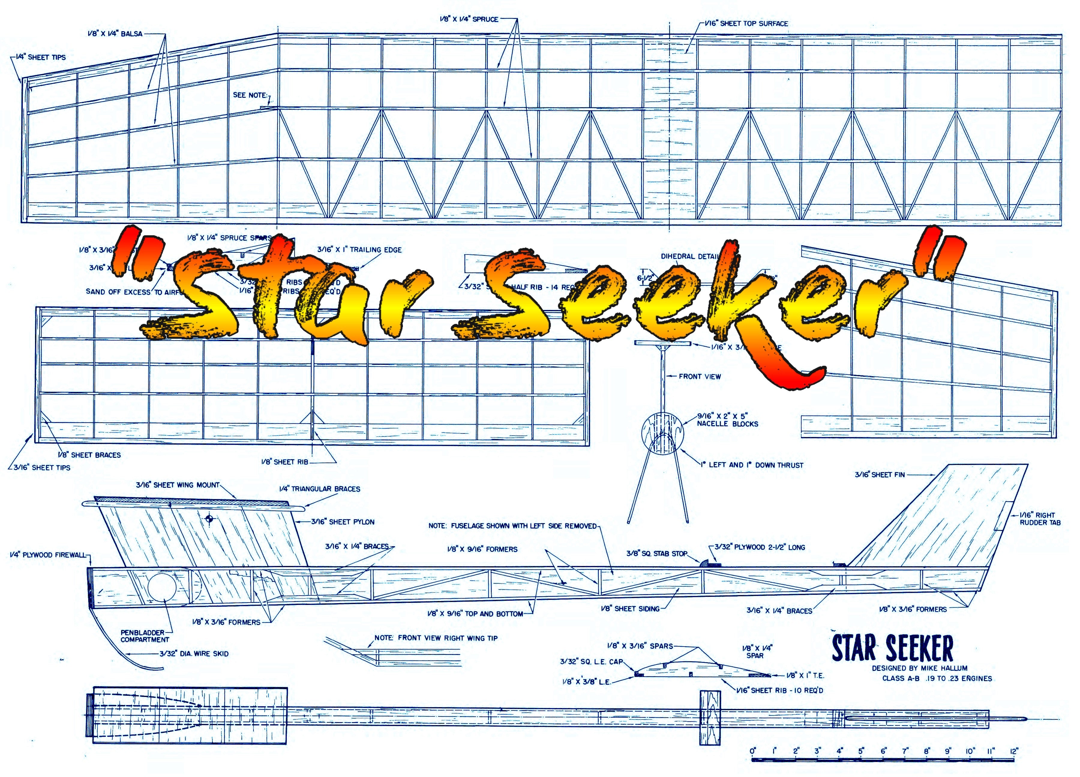 full size printed plan 1974 free flight class a-b  wingspan  60 “ engine .19 - .23 "star seeker" machine for winning