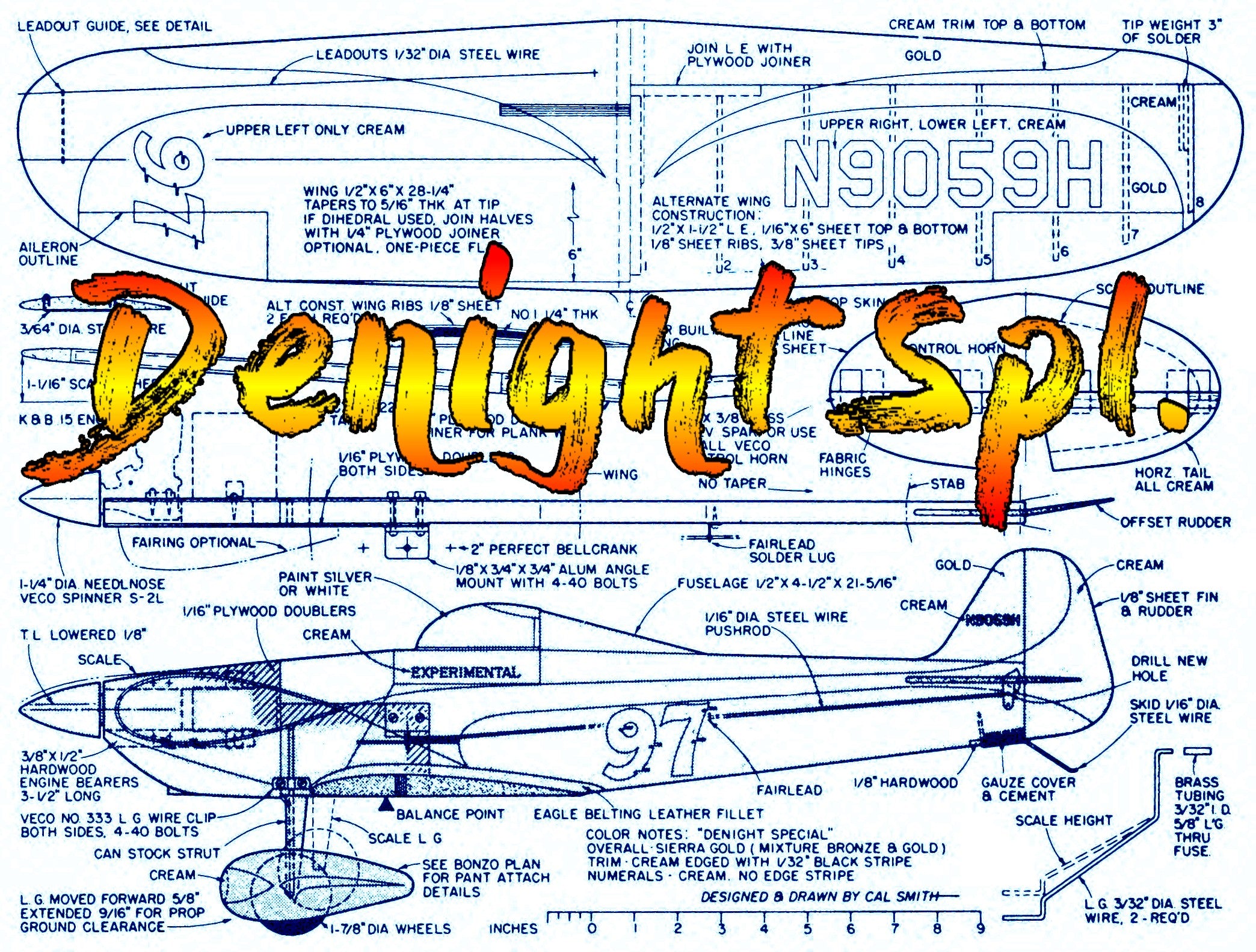 full size printed plan vintage 1961 control line 1:8 scale profile goodyear racer "denight spl."