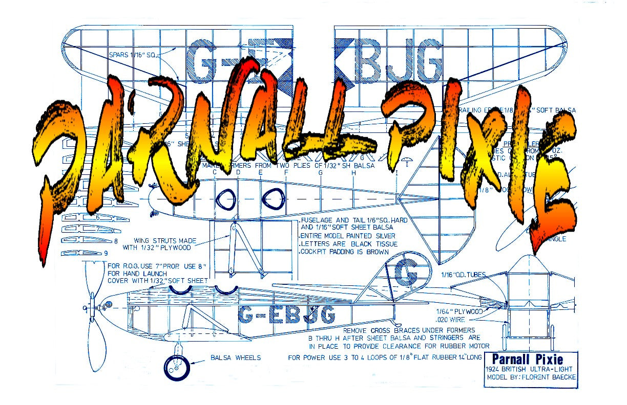 full size printed plans peanut scale "parnall pixie" build this two-seat low winger
