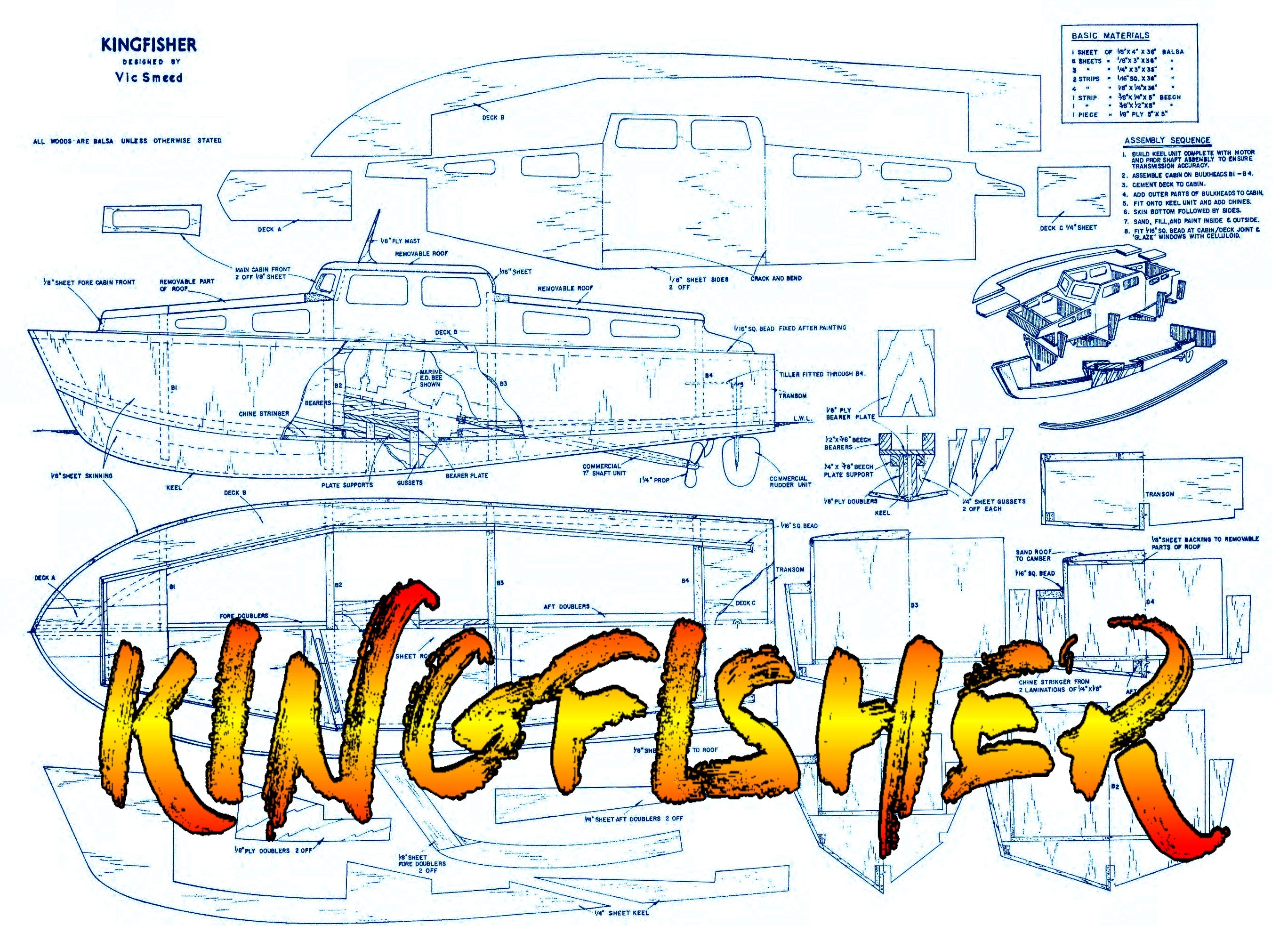 full size printed plans cabin cruiser boating for beginners' kingfisher  l 22" suitable for radio control