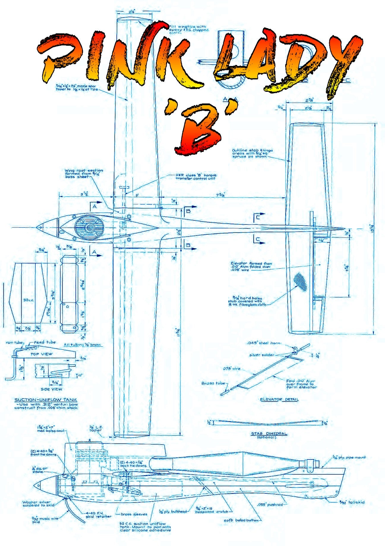 full size printed plan control line speed pink lady class  ‘b’  wingspan 26 1/4”   engine .30