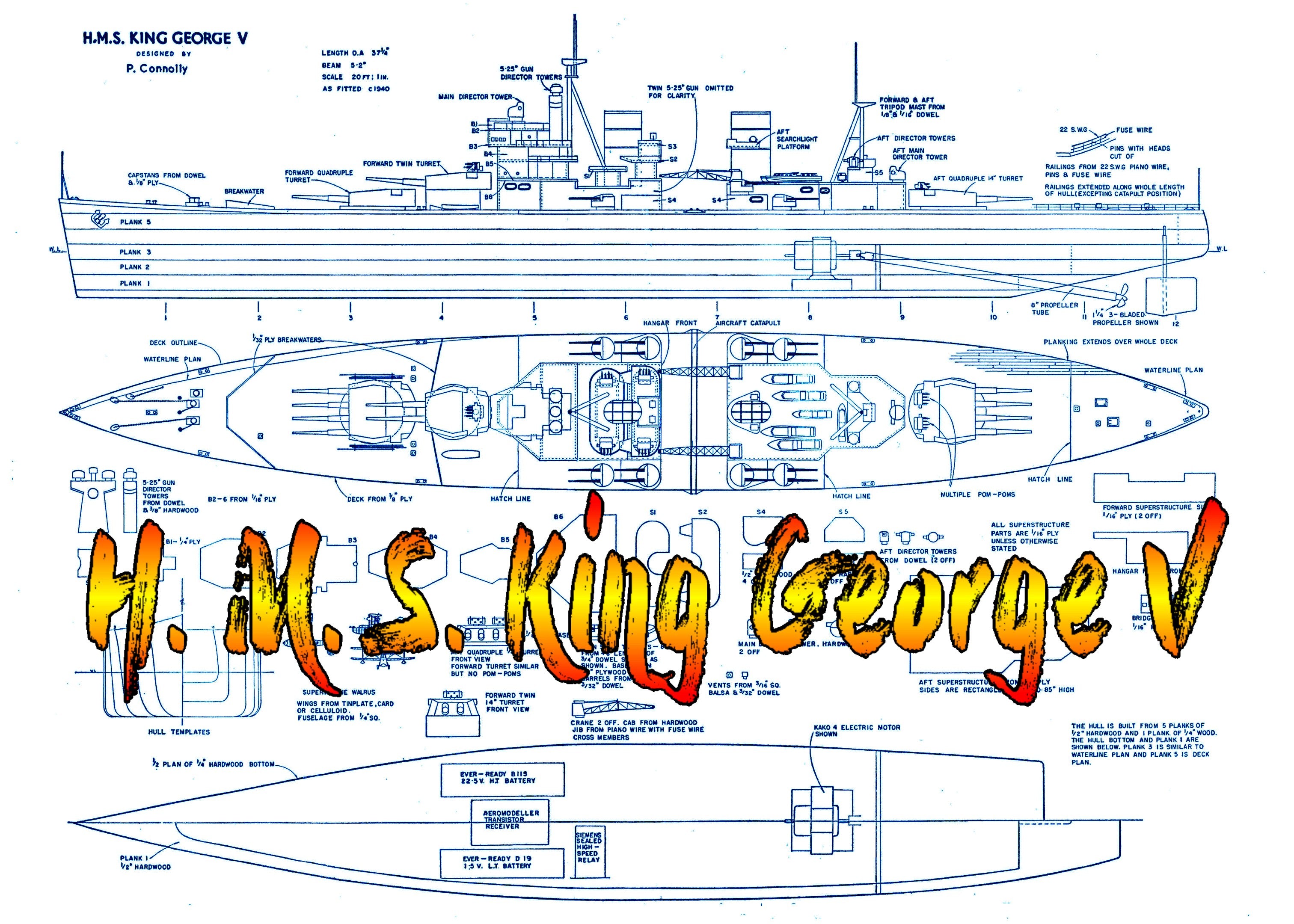 full size printed plans wwii battleship scale 1/240 l 37" suitable forradio control
