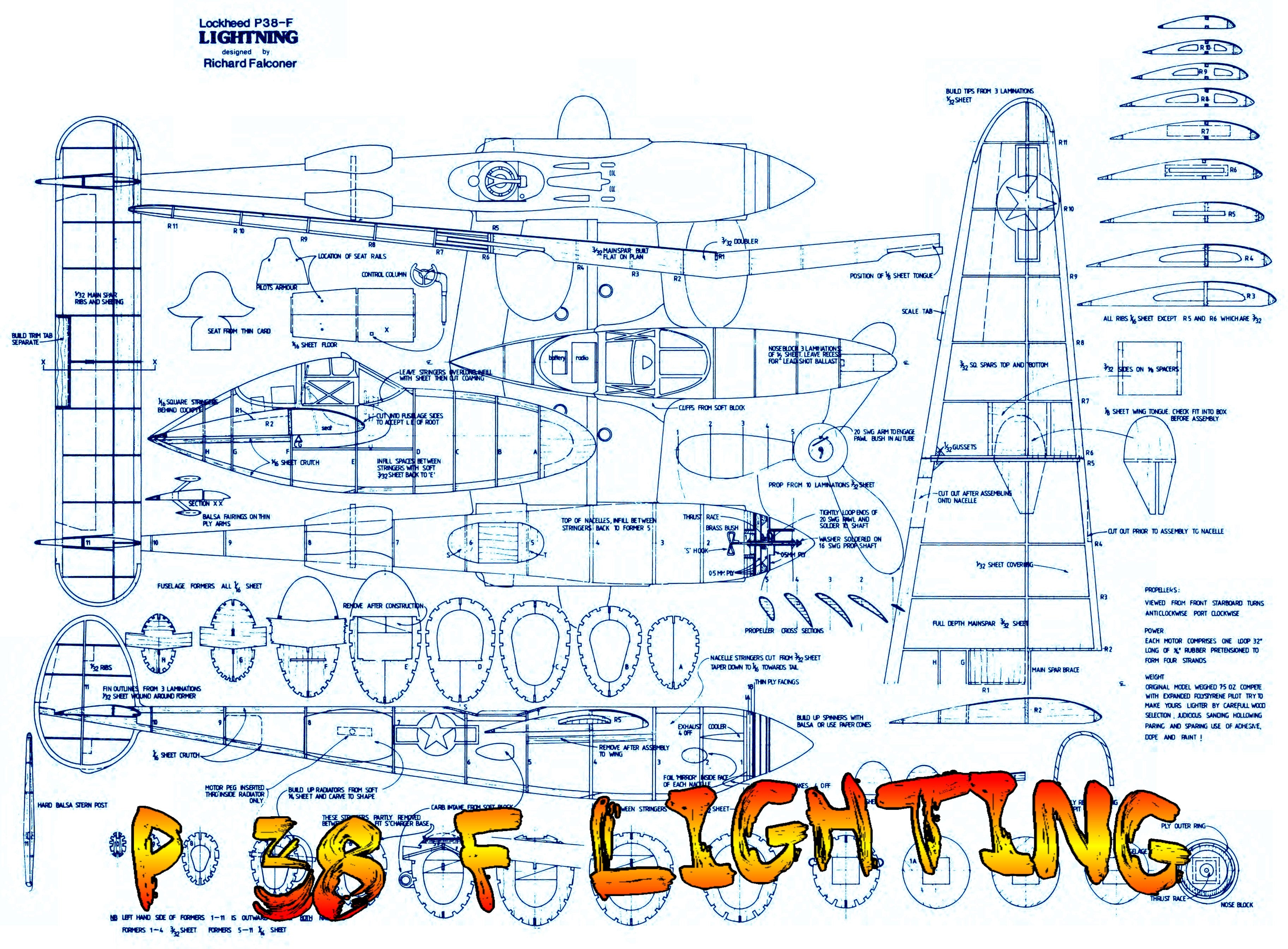 full size printed plan p 38 f lighting scale 1/18  wingspan 34 1/2"  power twin rub
