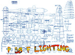 full size printed plan p 38 f lighting scale 1/18  wingspan 34 1/2"  power twin rub