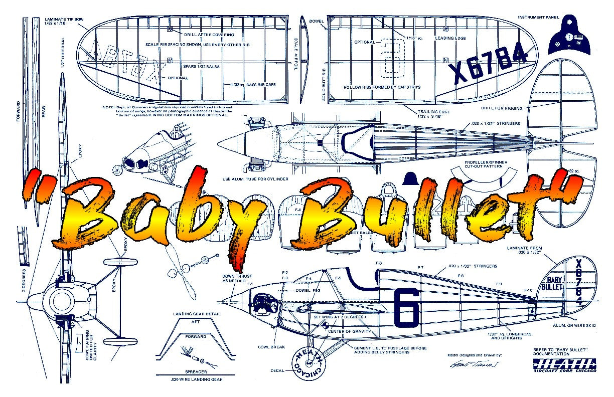 full size printed plans  peanut scale heath "baby bullet" wingspan 13”  power rubber
