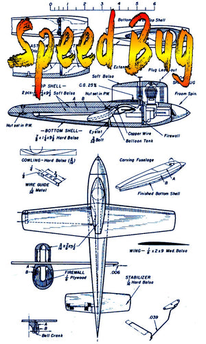 full size printed plan  1/2 a 1952 control line speed speed bug wingspan 9 "  engine .049