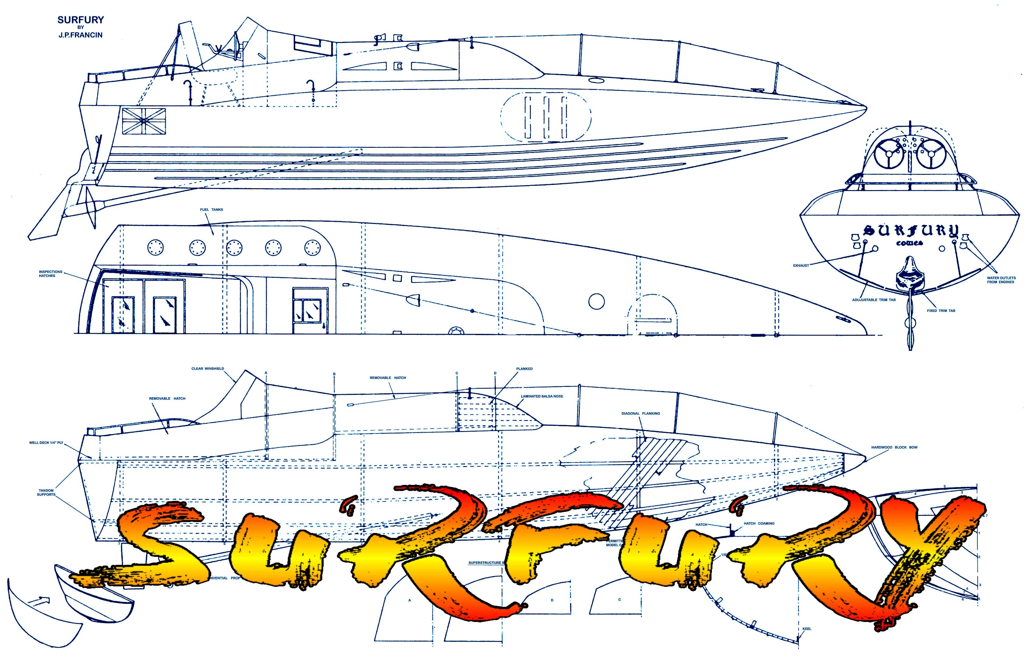 full size printed plan scale 1:12 offshore power boat racer "surfury " suitable for radio control