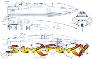 full size printed plan scale 1:12 offshore power boat racer "surfury " suitable for radio control