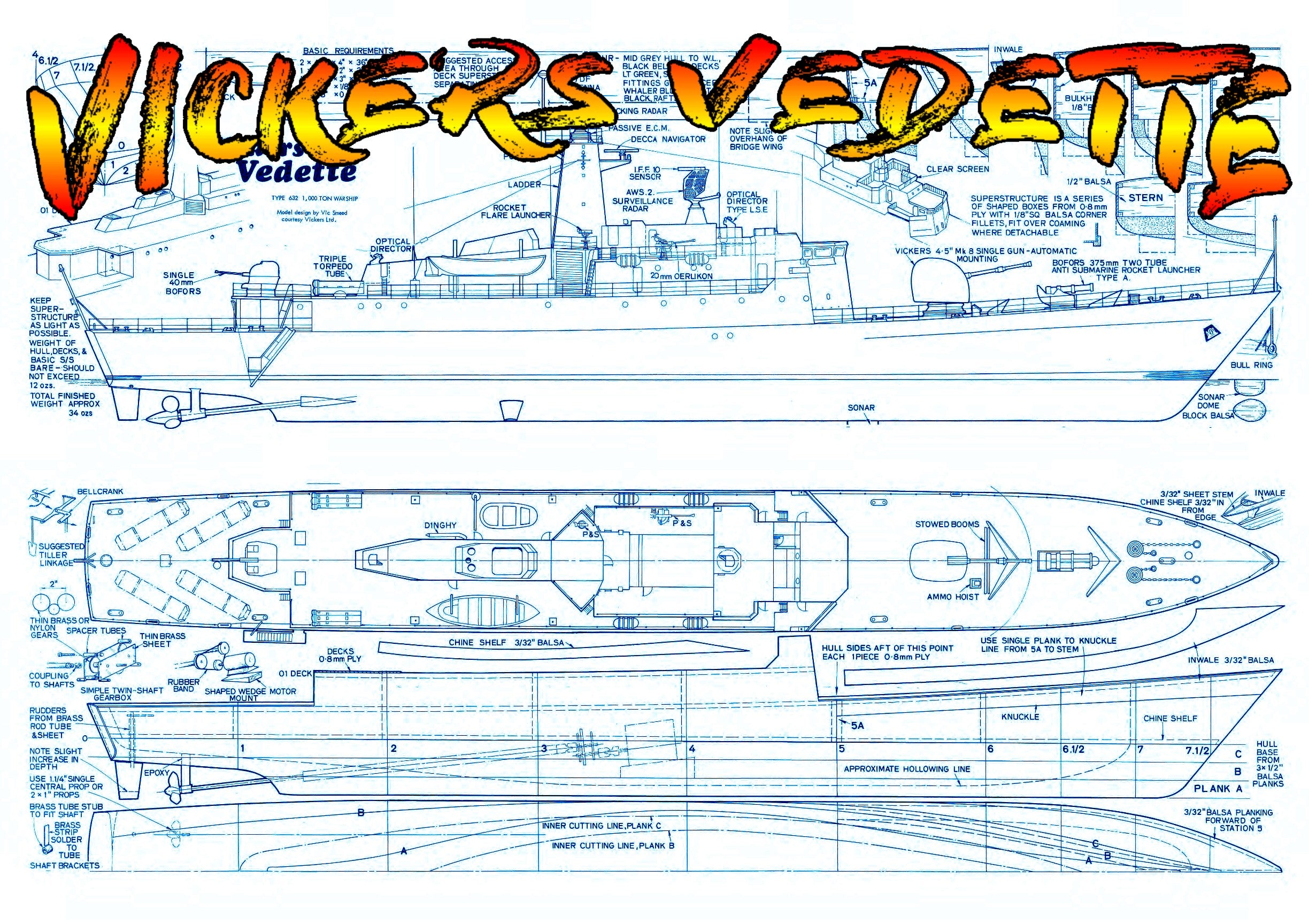 full size printed plan multi purpose corvette scale 1:96  "vickers vedette" suitable for radio control