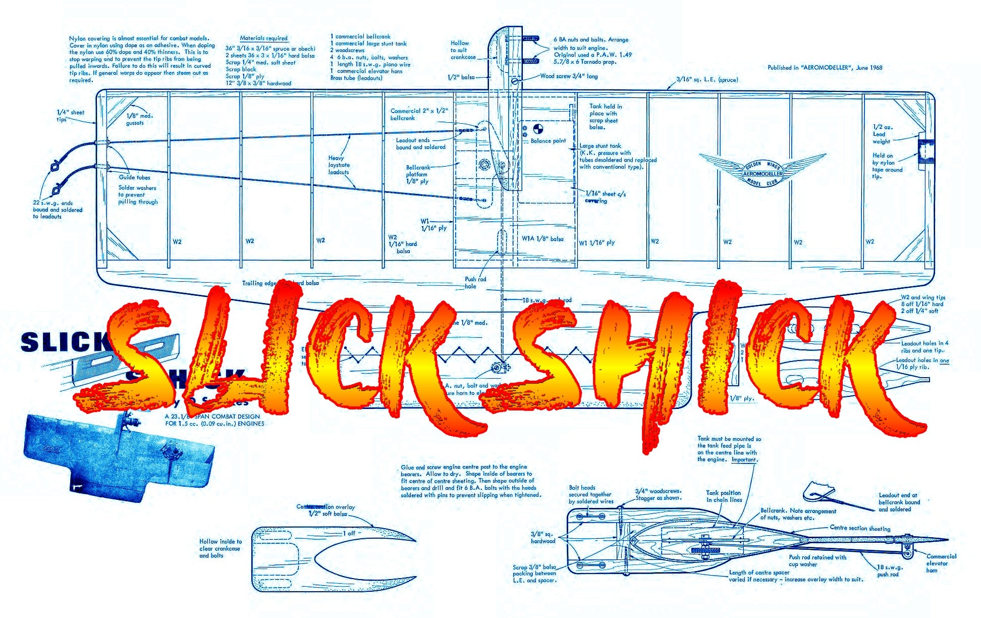 full size printed plan & building notes combat slick shick 23 1/2 " wingspan  engines .051 to .09