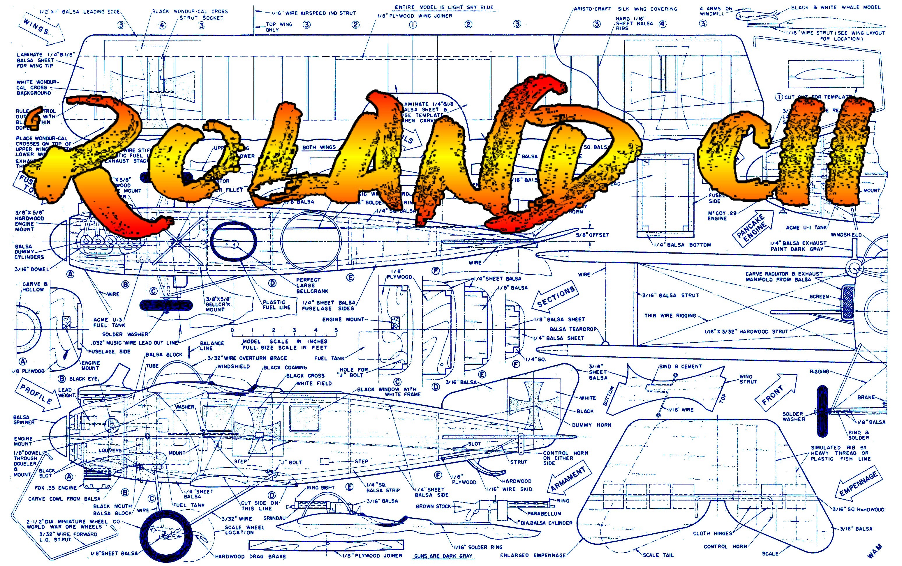 full size  plans  control line  scale 1” = 1' roland "wahlfisch" cii  wingspan 33.5 inches  engines .23 to .3