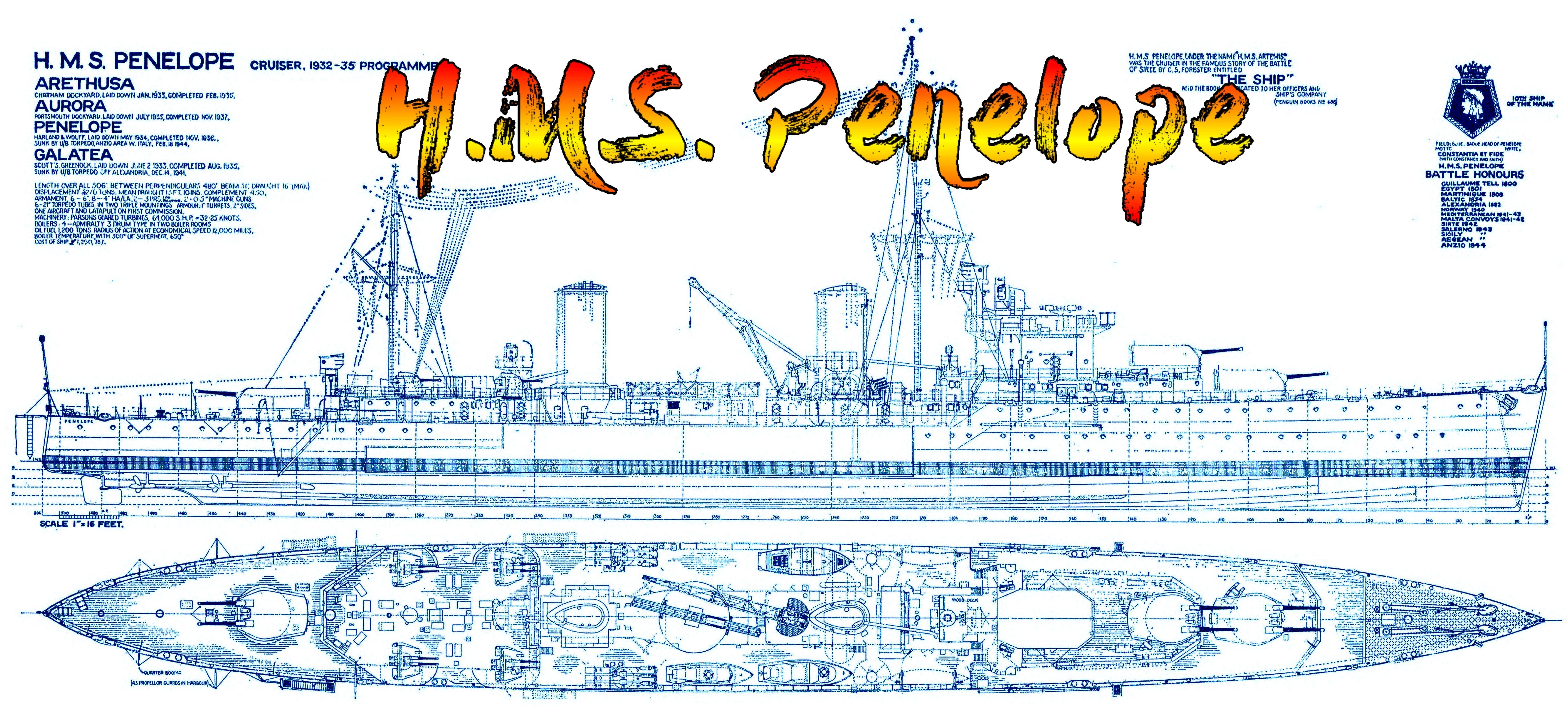 full size printed drawings scale 1/96 arethusa-class light cruiser h.m.s. penelope l 63" suitable for radio control