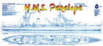 full size printed drawings scale 1/96 arethusa-class light cruiser h.m.s. penelope l 63" suitable for radio control