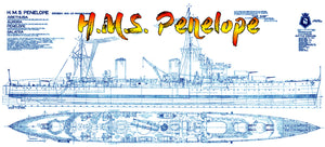 full size printed drawings scale 1/96 arethusa-class light cruiser h.m.s. penelope l 63" suitable for radio control
