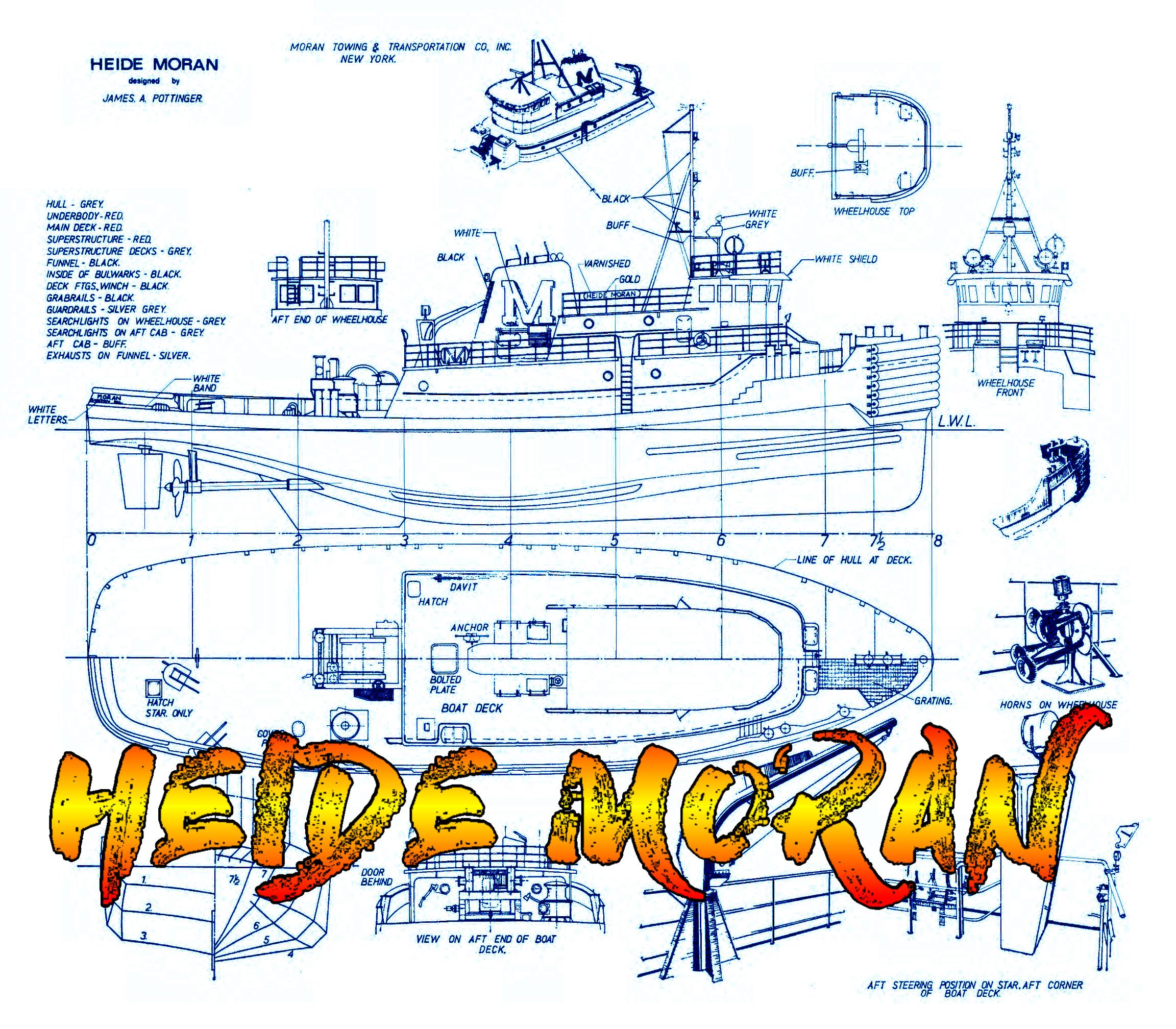 full size printed plan scale to build a1:64 unusual tug heide moran suitable for radio control