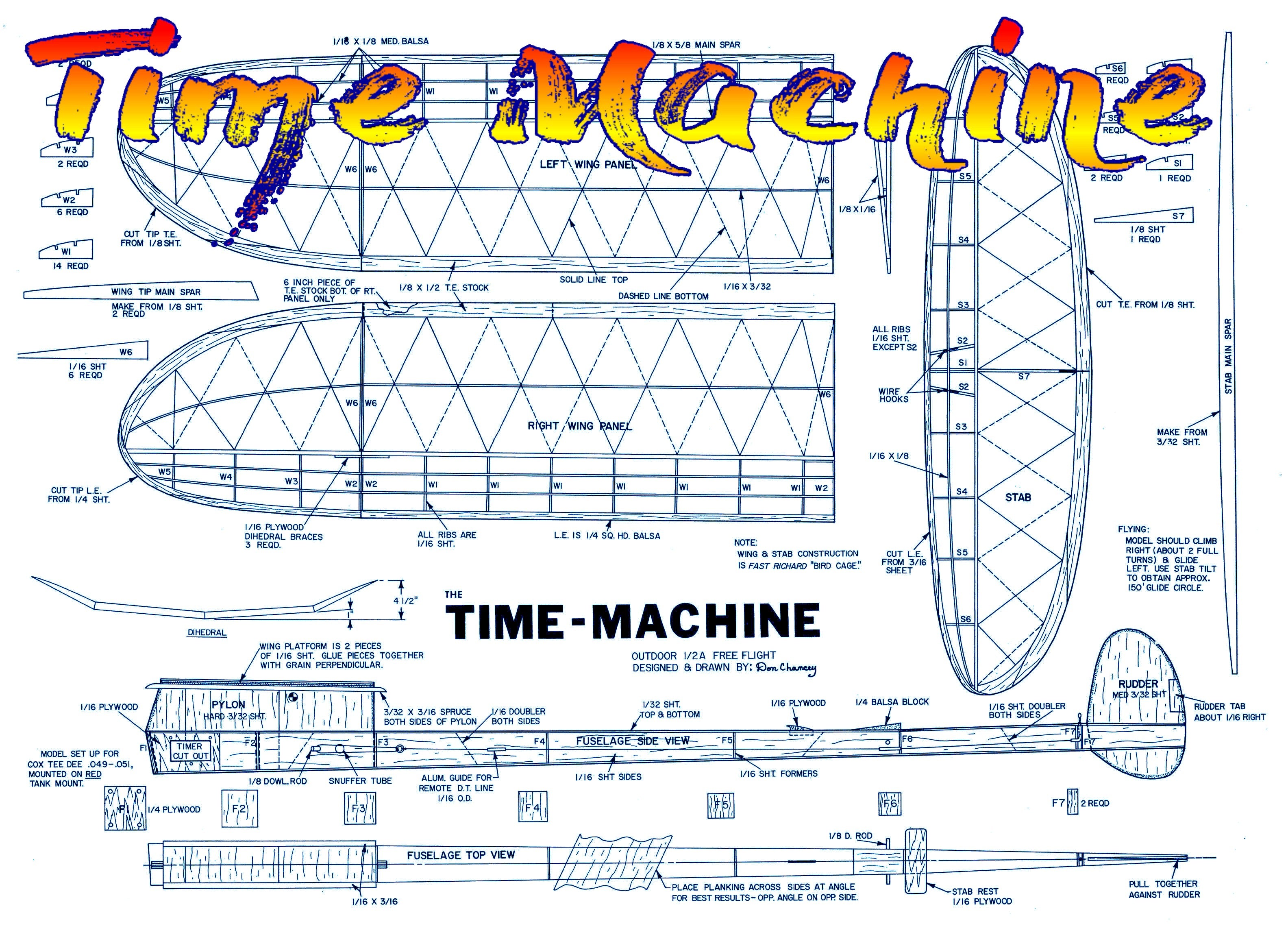 full size printed plan 1/2a competition free-flight  "time machine"