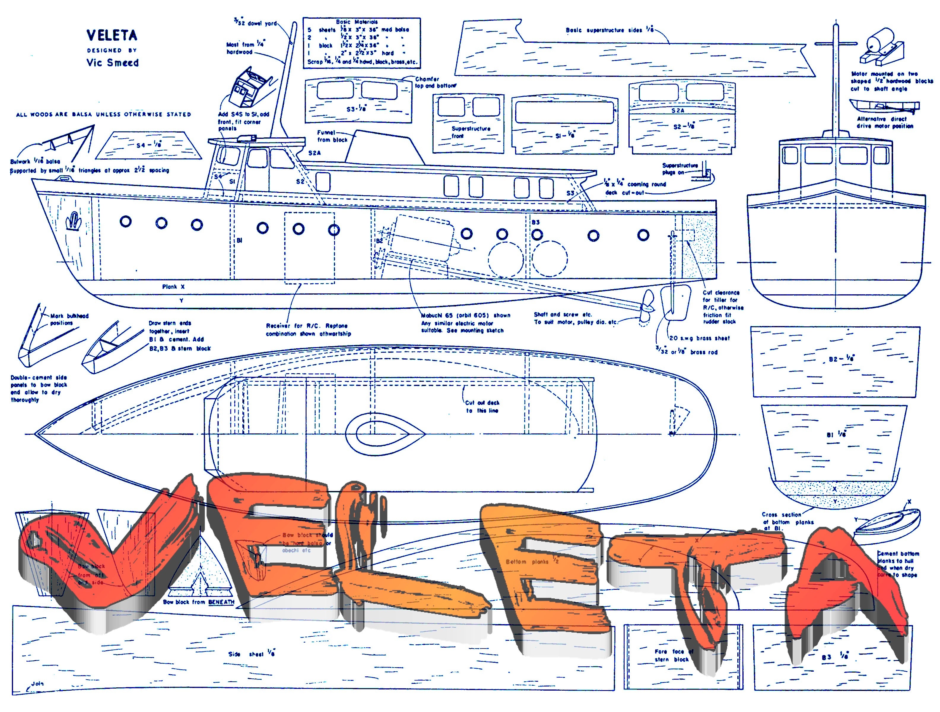 full size printed plans to build a simple 24in. all-balsa motor yacht for radio control. veleta
