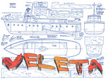 full size printed plans to build a simple 24in. all-balsa motor yacht for radio control. veleta
