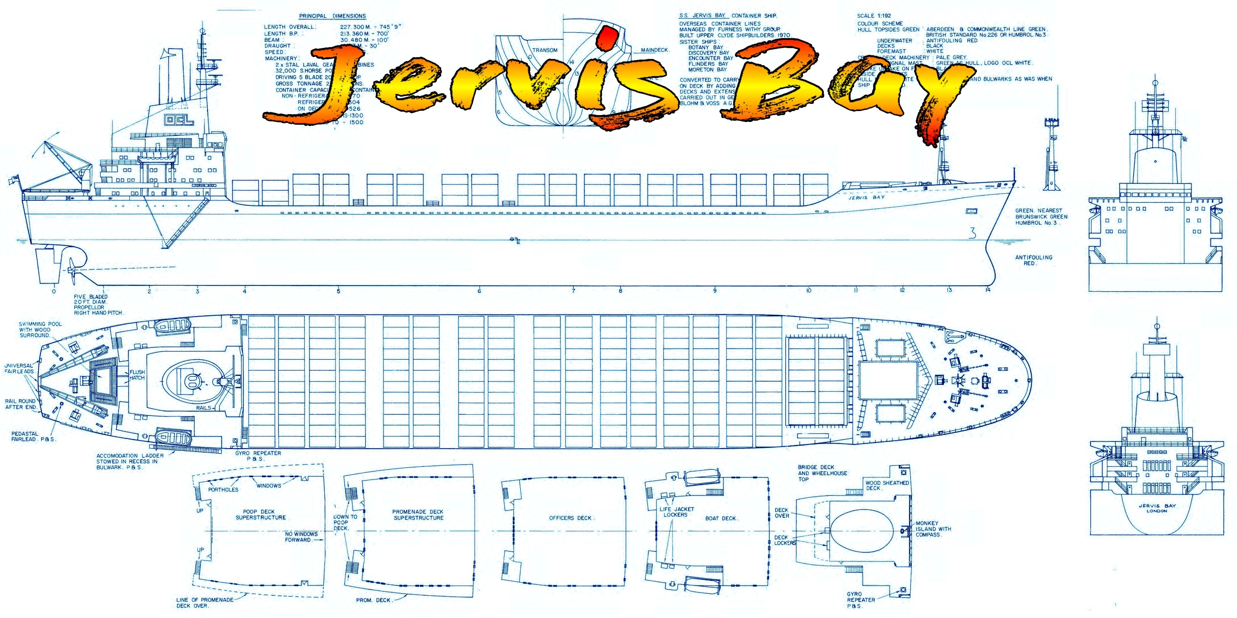 full size printed plans scale 1:192 container ship jervis bay l 46" suitable for radio control