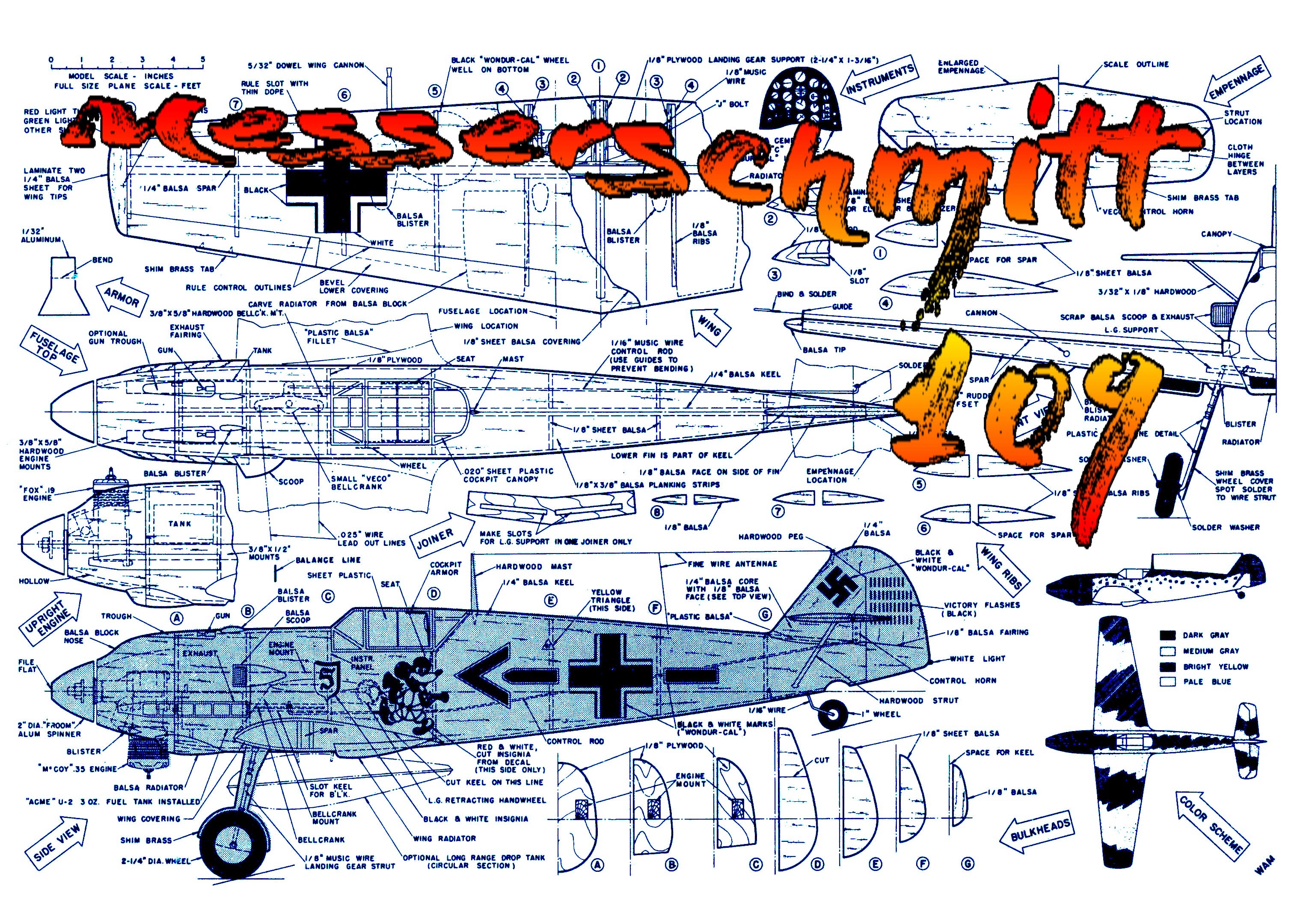 full size printed plans scale 1” = 1’ control line wingspan 32-3/4” me 109