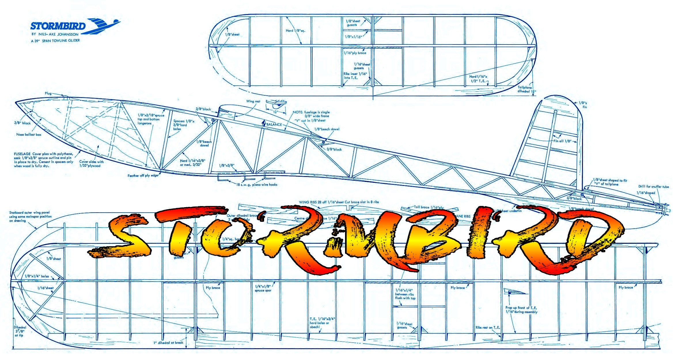 full size printed plan 1944 `floater' towline glider  wingspan 39” "stormbird"