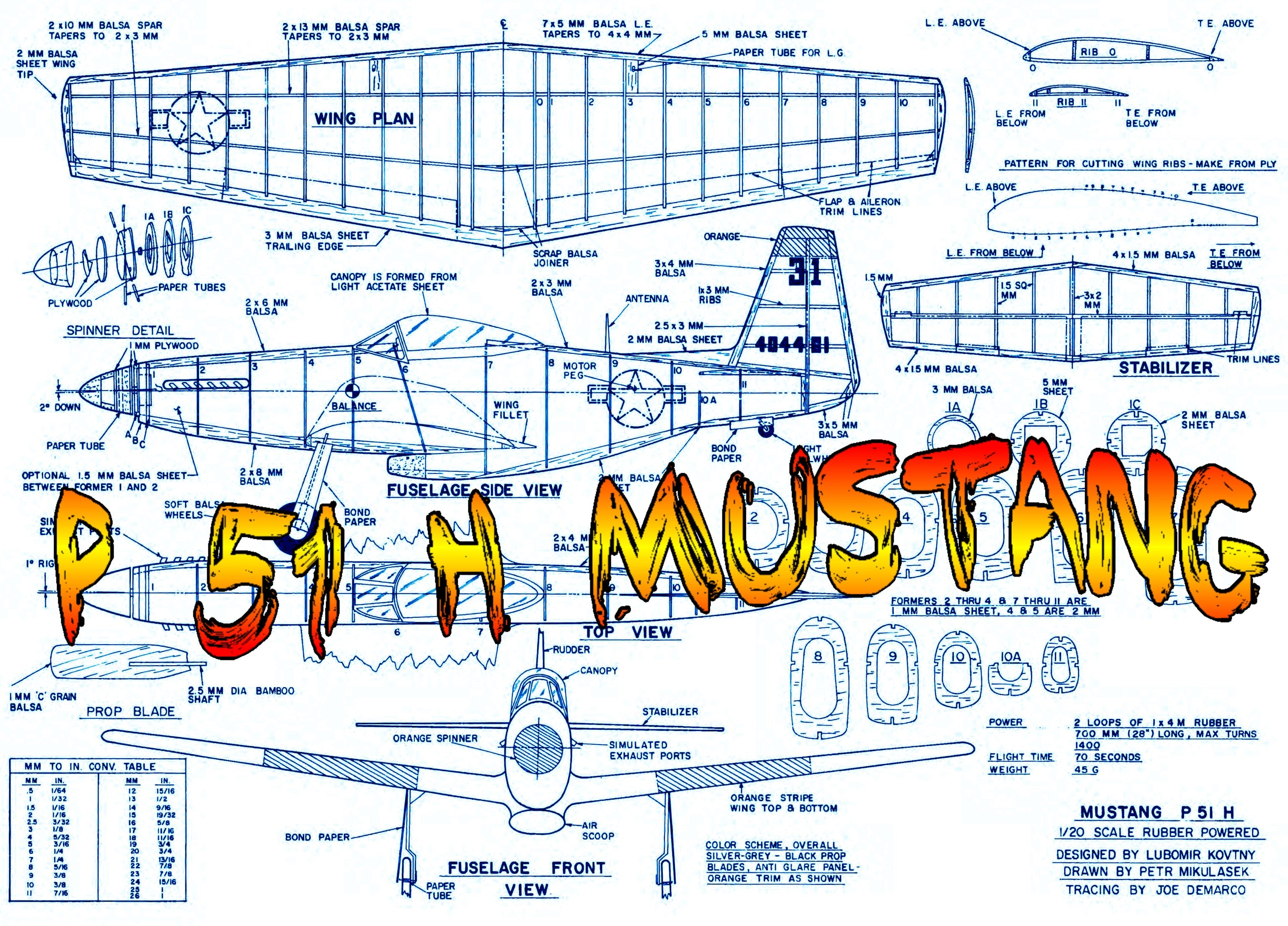 full size printed plan p 51 h mustang scale 1:20  wingspan 22 ¾”  power rubber