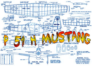 full size printed plan p 51 h mustang scale 1:20  wingspan 22 ¾”  power rubber