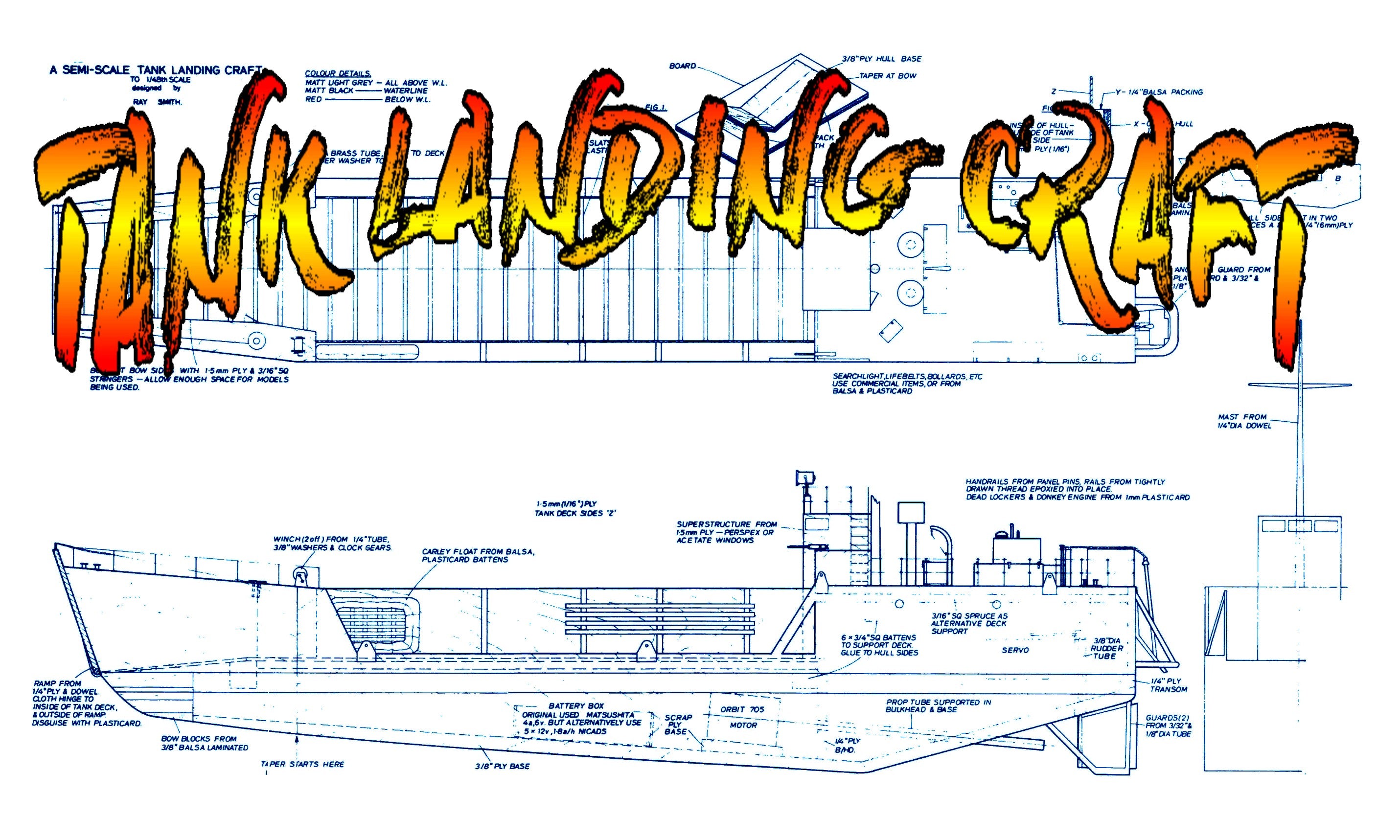 full size printed plan semi scale 1/48 31" tank landing craft suitable for radio control