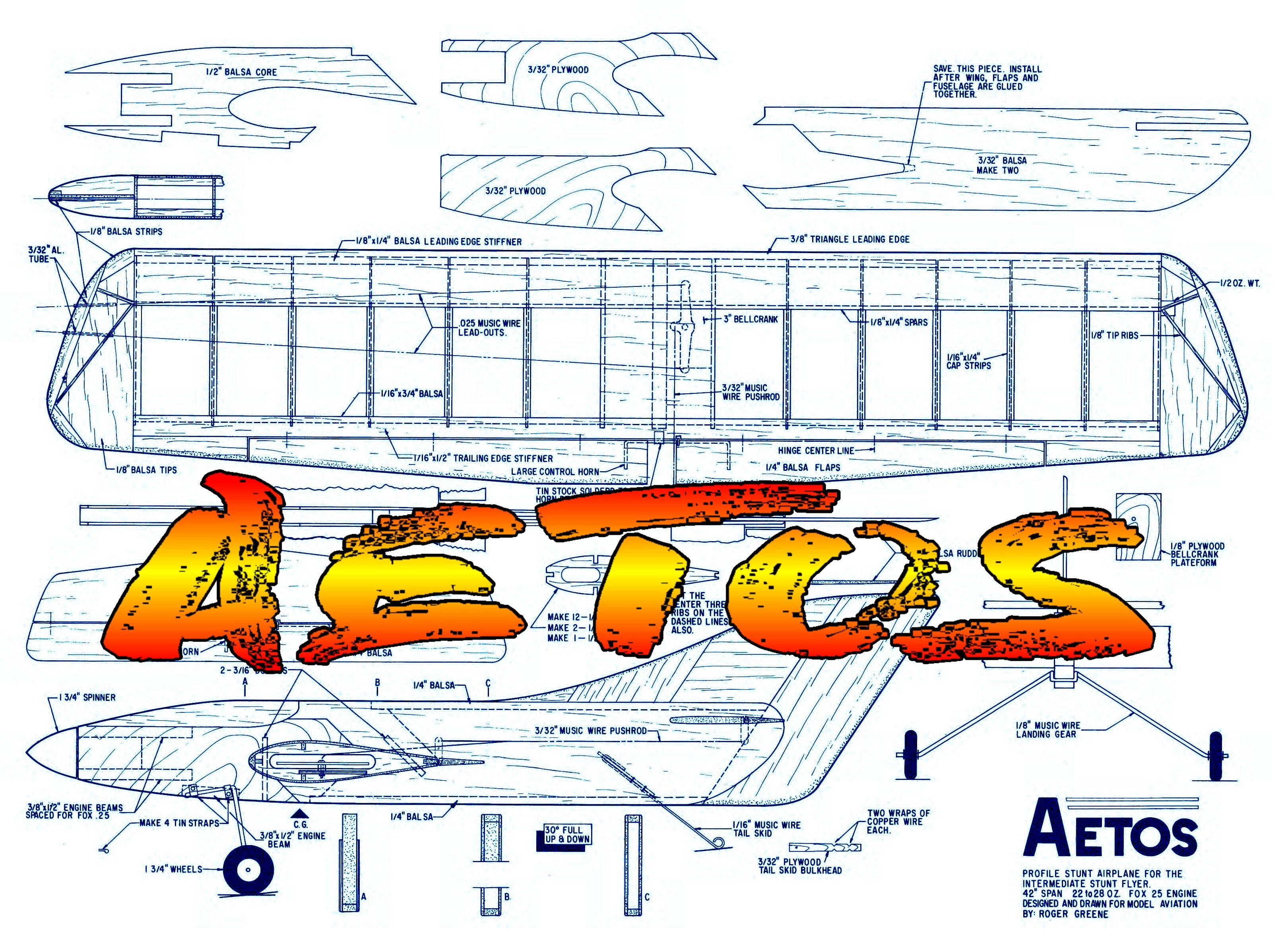 printed plan vintage 1973 control line stunter "aetos" profile look does not stop its performance.