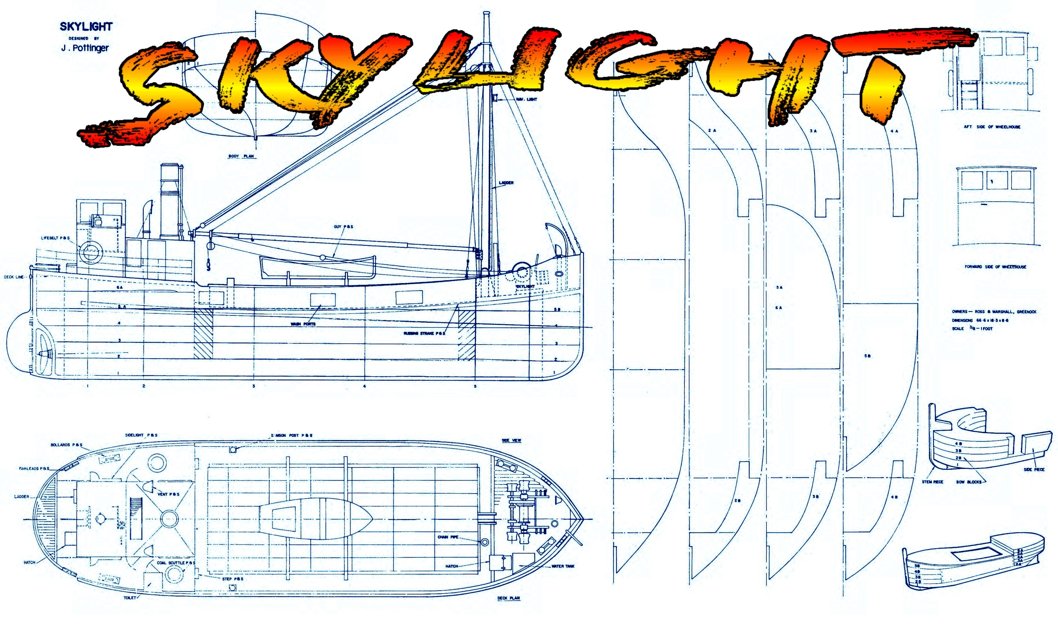 full size printed plan vintage 1968 scale 1:32 clyde puffer  “skylight” suitable for radio control