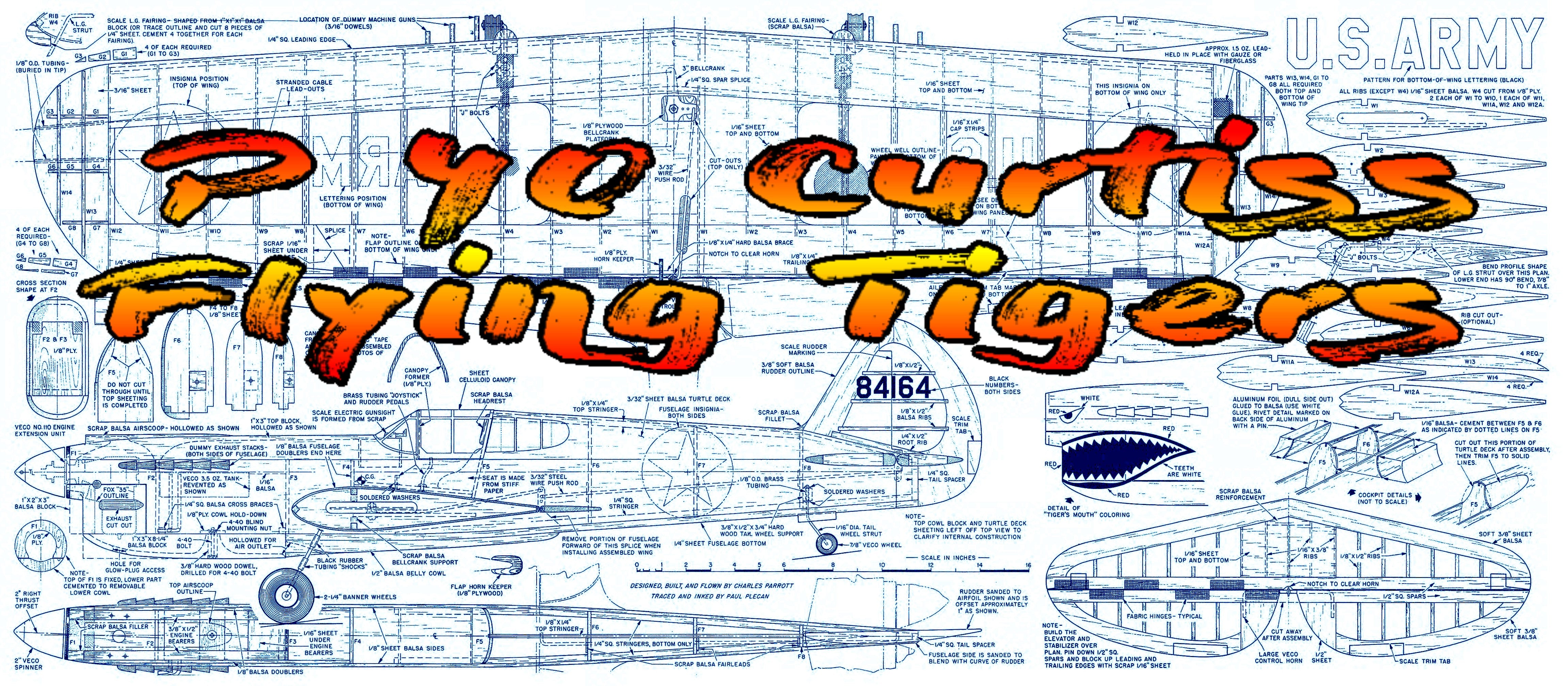 full size printed plan vintage 1963 scale-like .29 - .35 control line sunter curtiss p 40