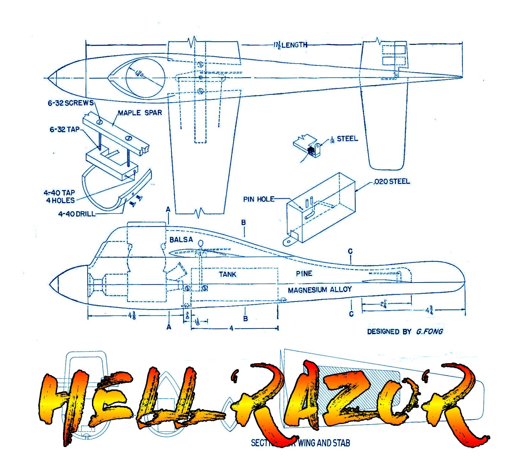 full size printed plan control line  speed  hell razor won senior d speed wingspan 18  engine dooling .60