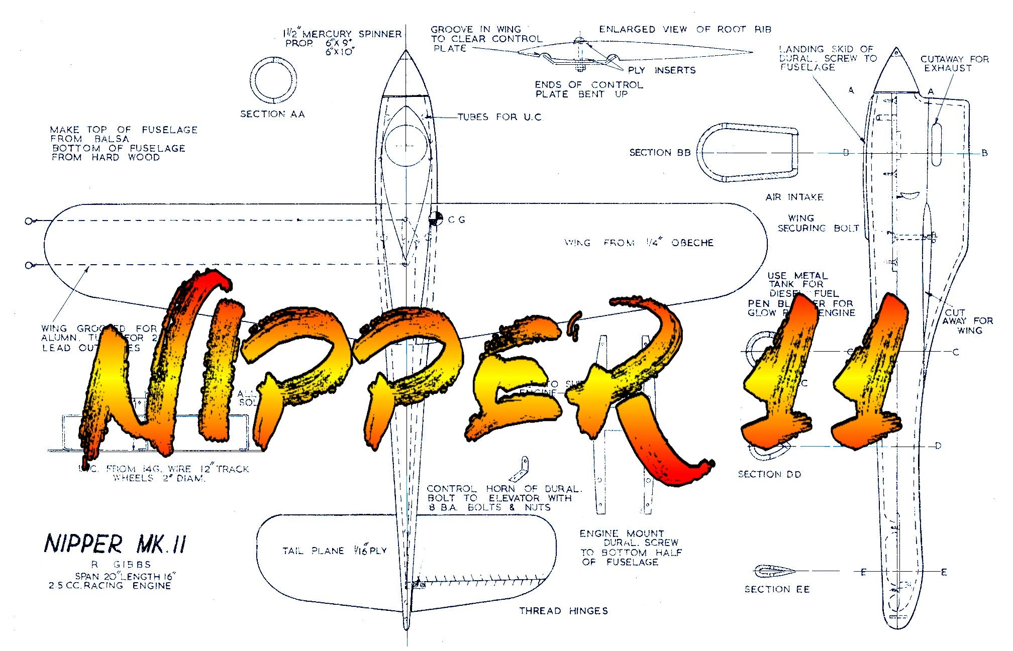 full size printed plan  vintage 1958 control line speed "nipper ii" wingspan 20"  engine .15