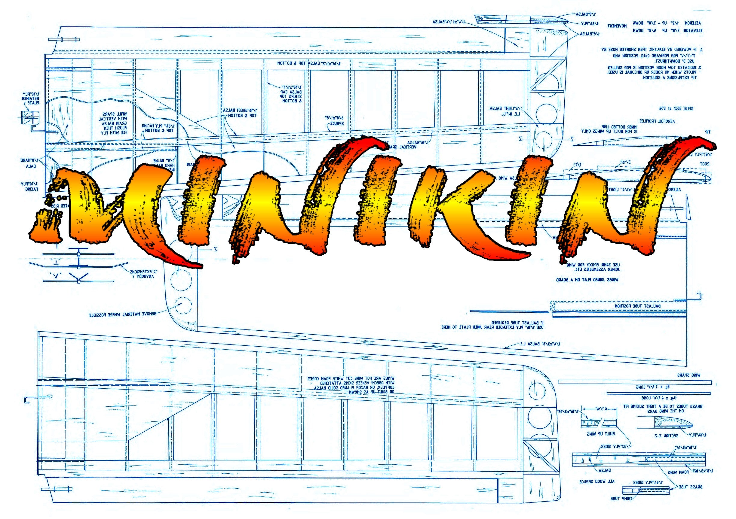 full size printed plan glider 48 1/2" 3-in-l machine  r/c flying, "minikin,"