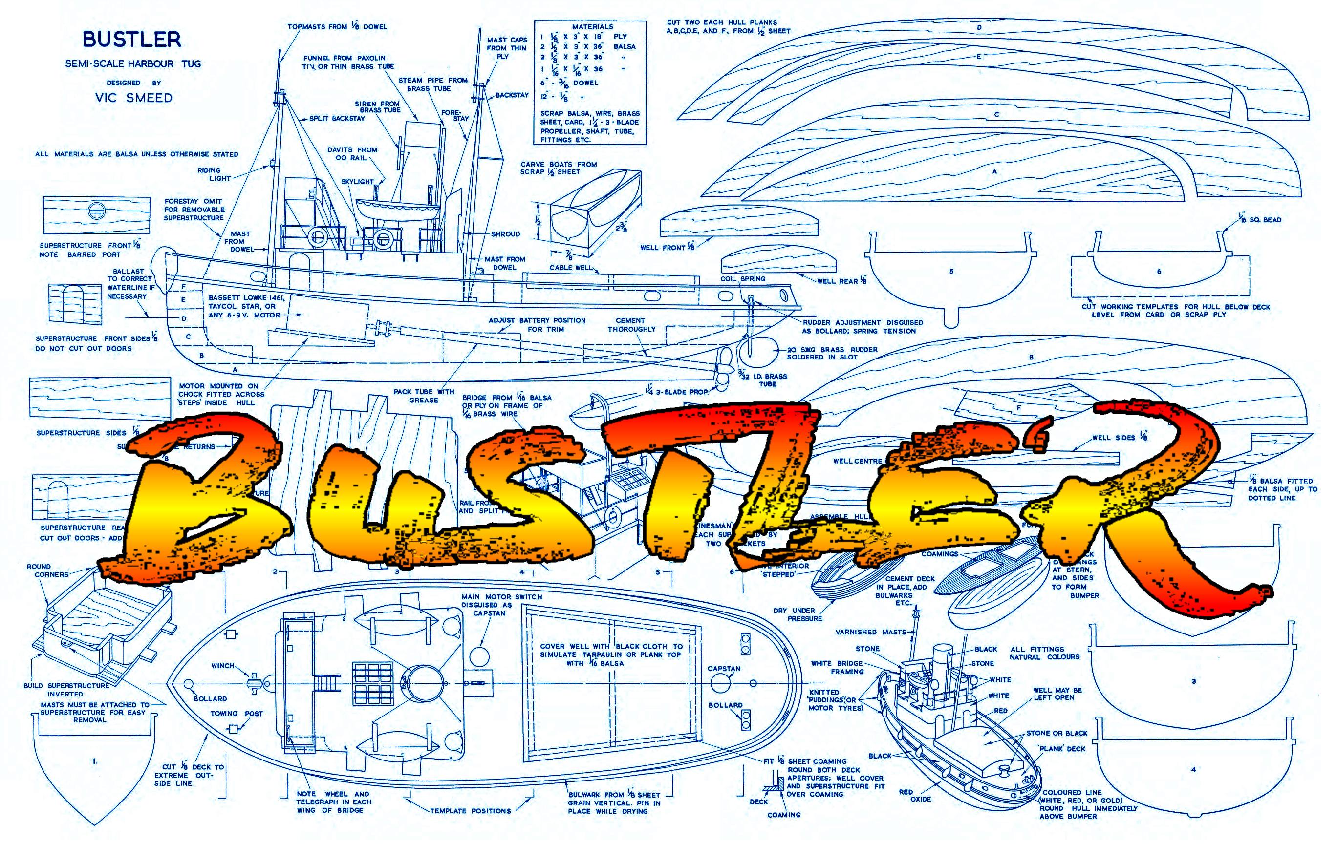 full size printed plan a near - scale harbour tug bustler 18" l.o.a.  power electric