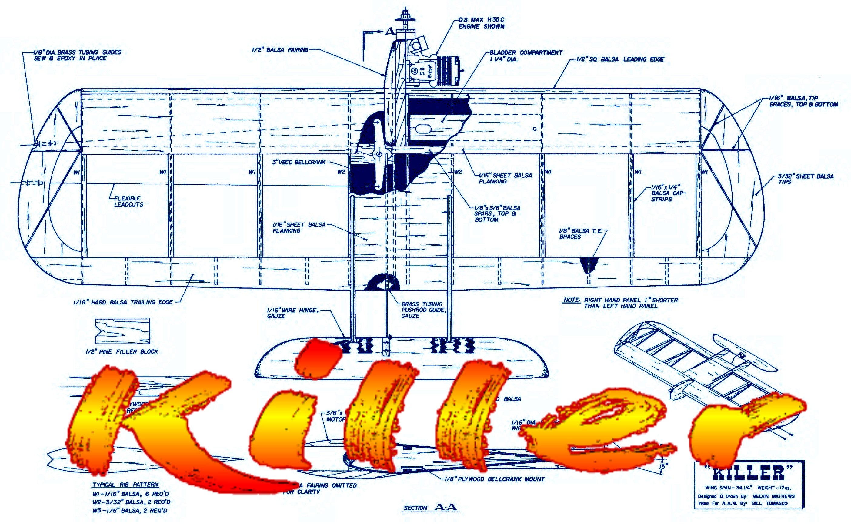 full size printed plan & building notes  *killer* control line combat w/s 34-1/4”  engine .35