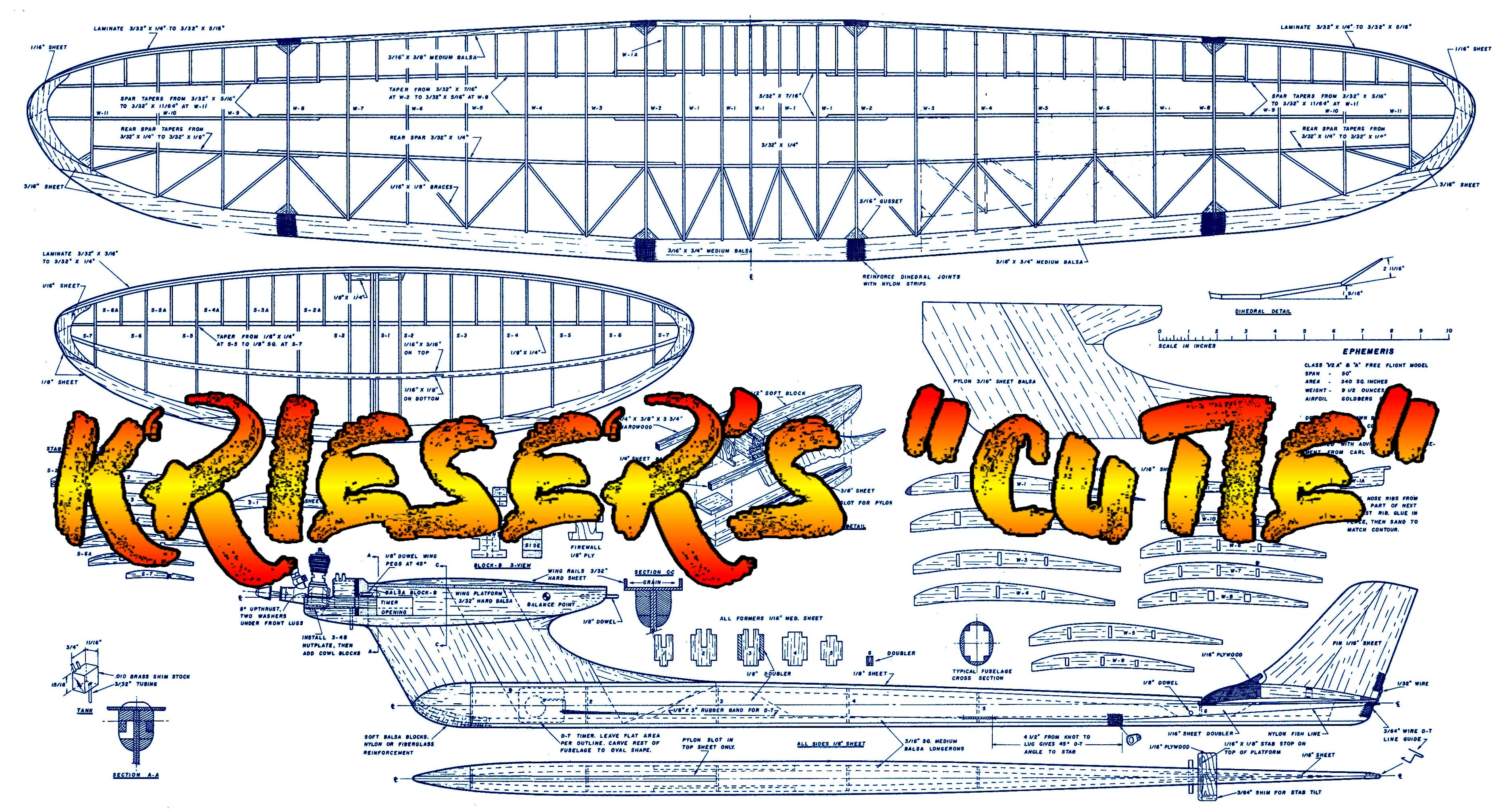 full size printed plan vintage 1964 ½ a free flight krieser's cutie excellent glide
