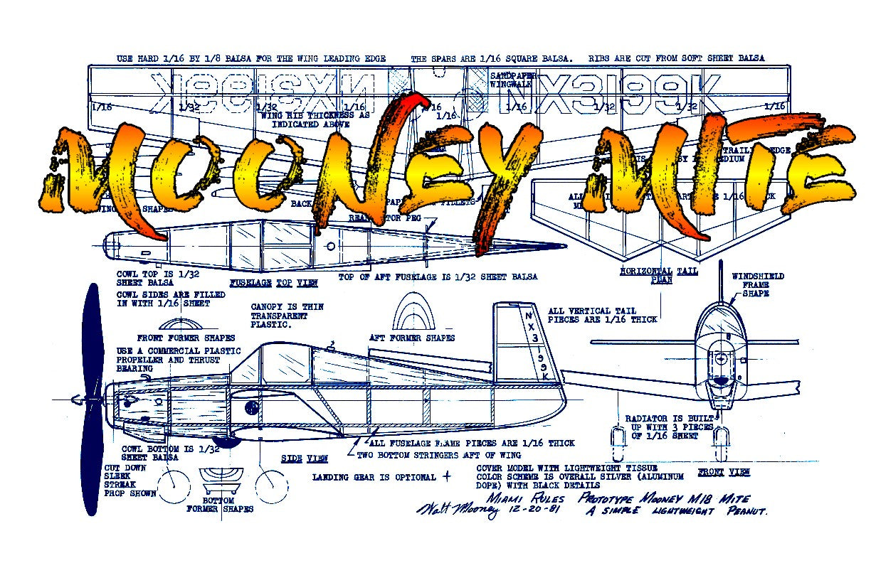 full size printed plans peanut scale "mooney mite" clean lines and no gear means long outdoor flights.