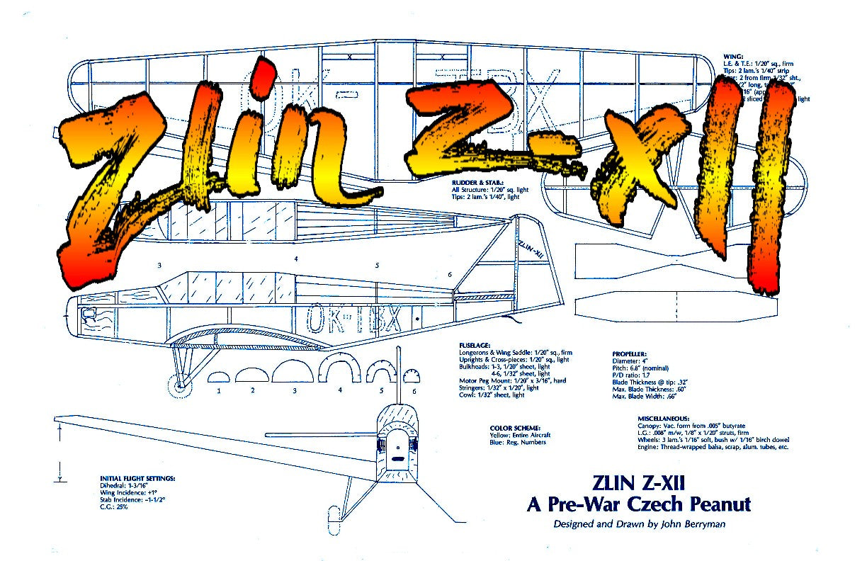 full size printed plans peanut scale "zlin z-xii" ready to try a low wing peanut