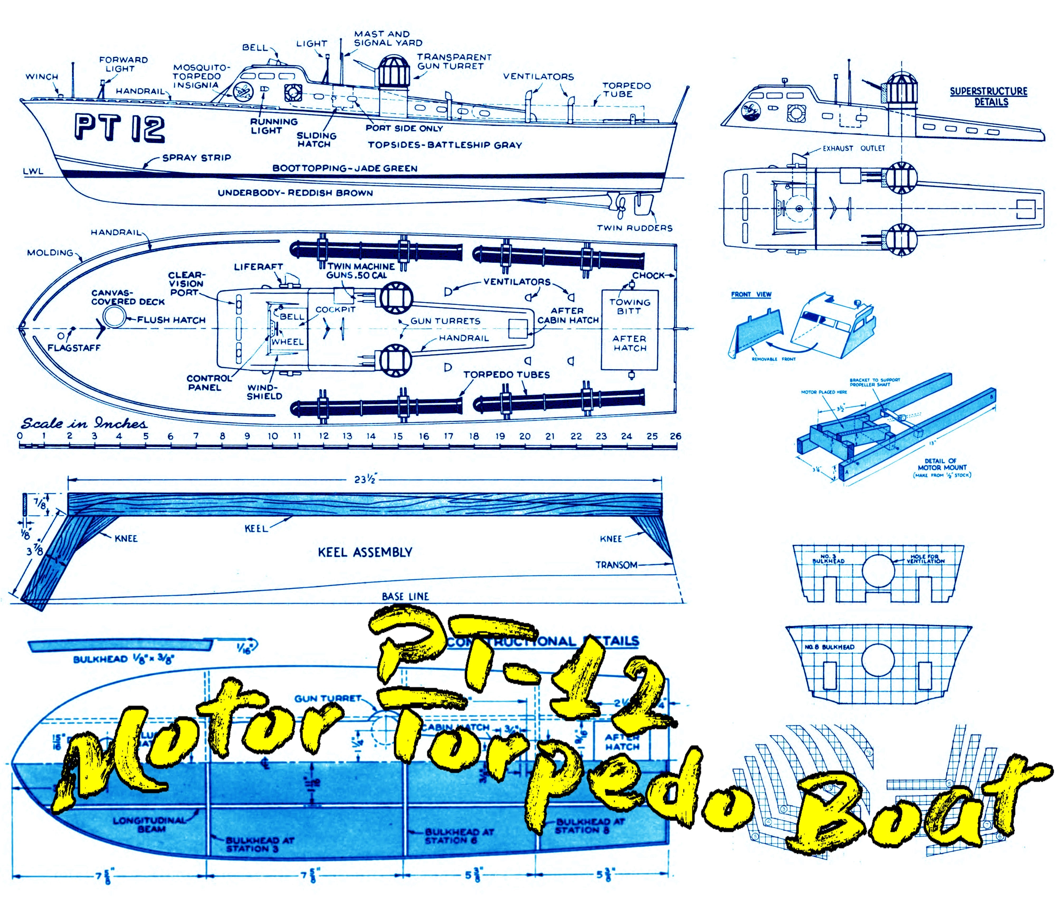 full size printed plan pt-12  boat semi scale 1:35  l 26" suitable for radio control