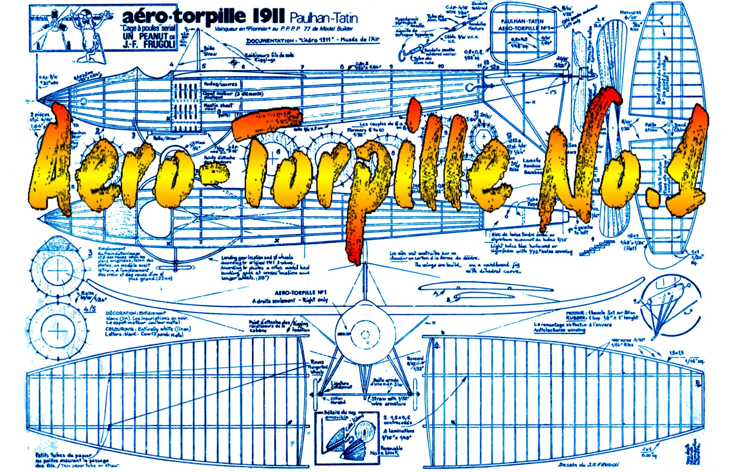 full size printed plans peanut scale 1911 paulhan- tatin  aero-torpille no.1 winner of the pioneer class