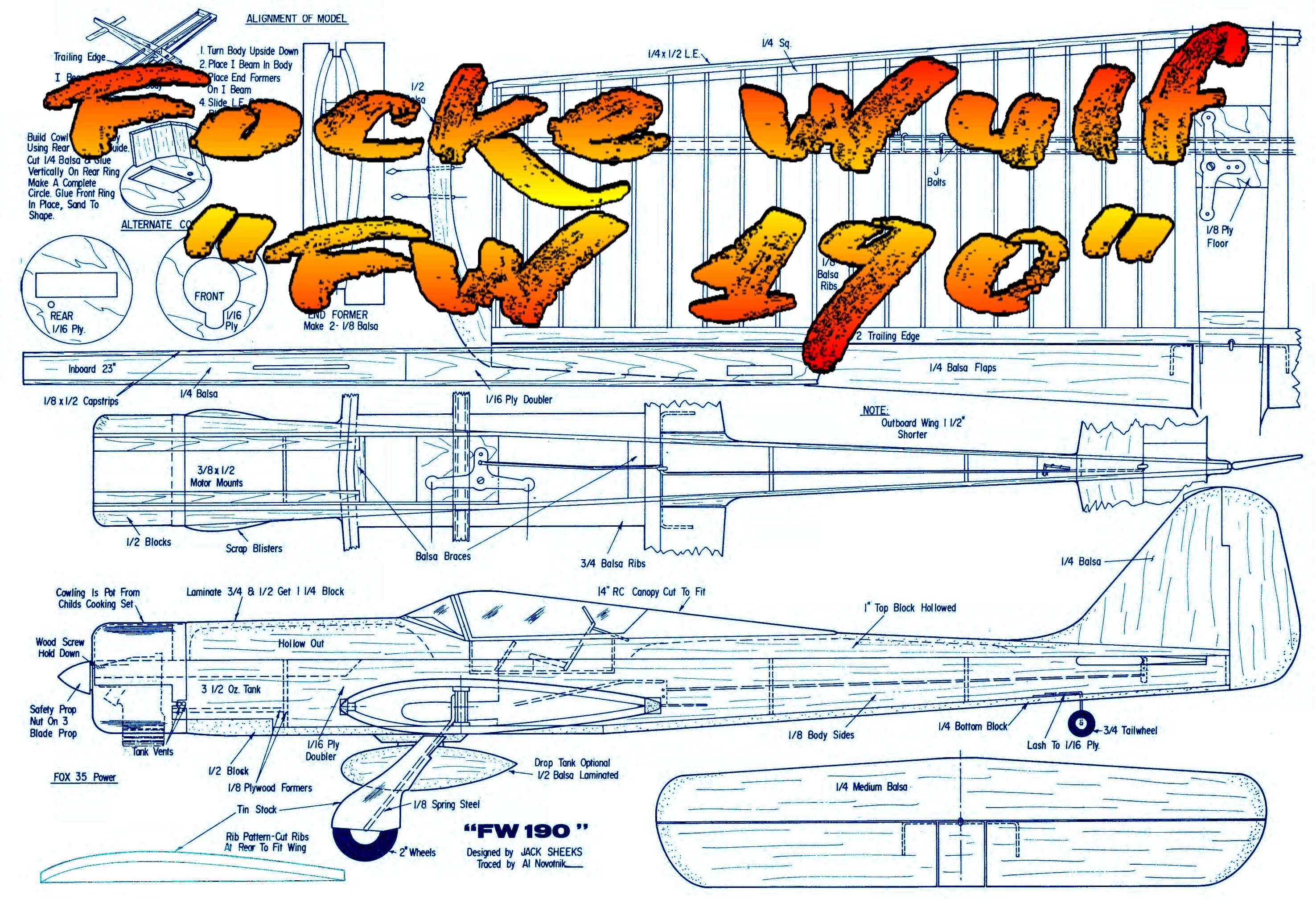 full size printed plan vintage 1968 control line semi-scale stunt focke wulf "fw 190"