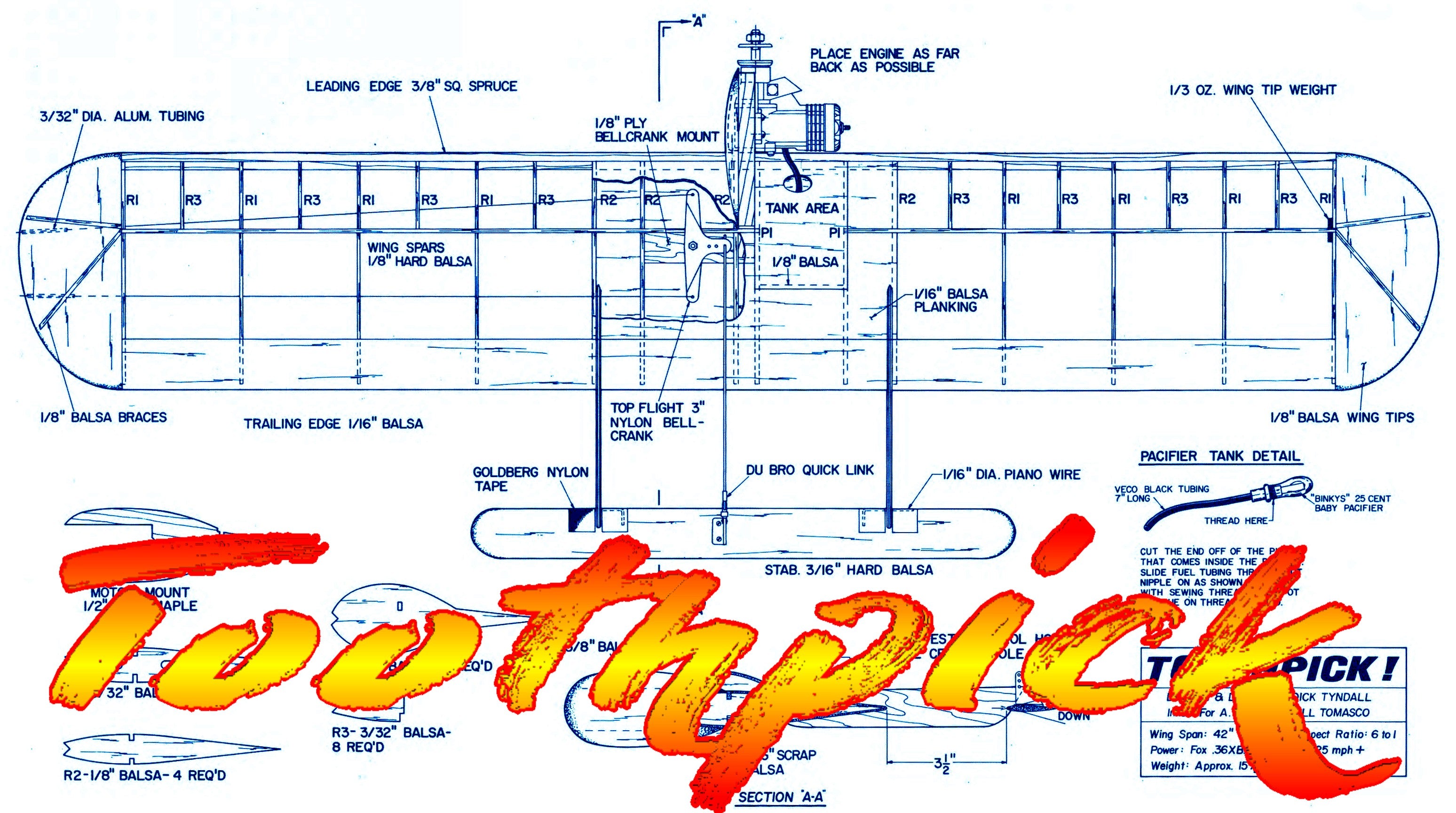 full size printed plan & building notes combat **toothpick** wingspan 42"  engine .36