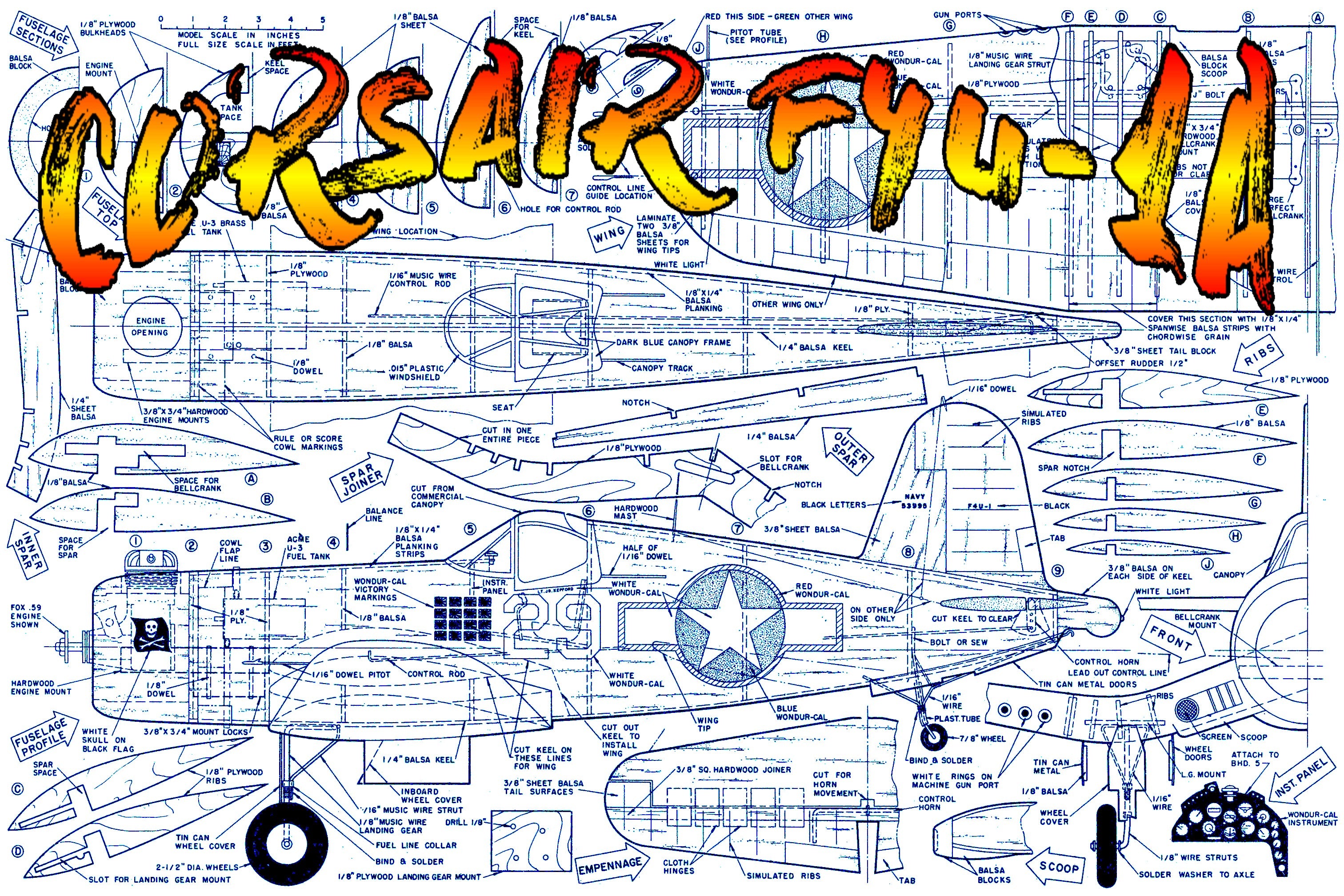 full size printed plans control line, scale 1:12, wing span 41", corsair f4u-1a