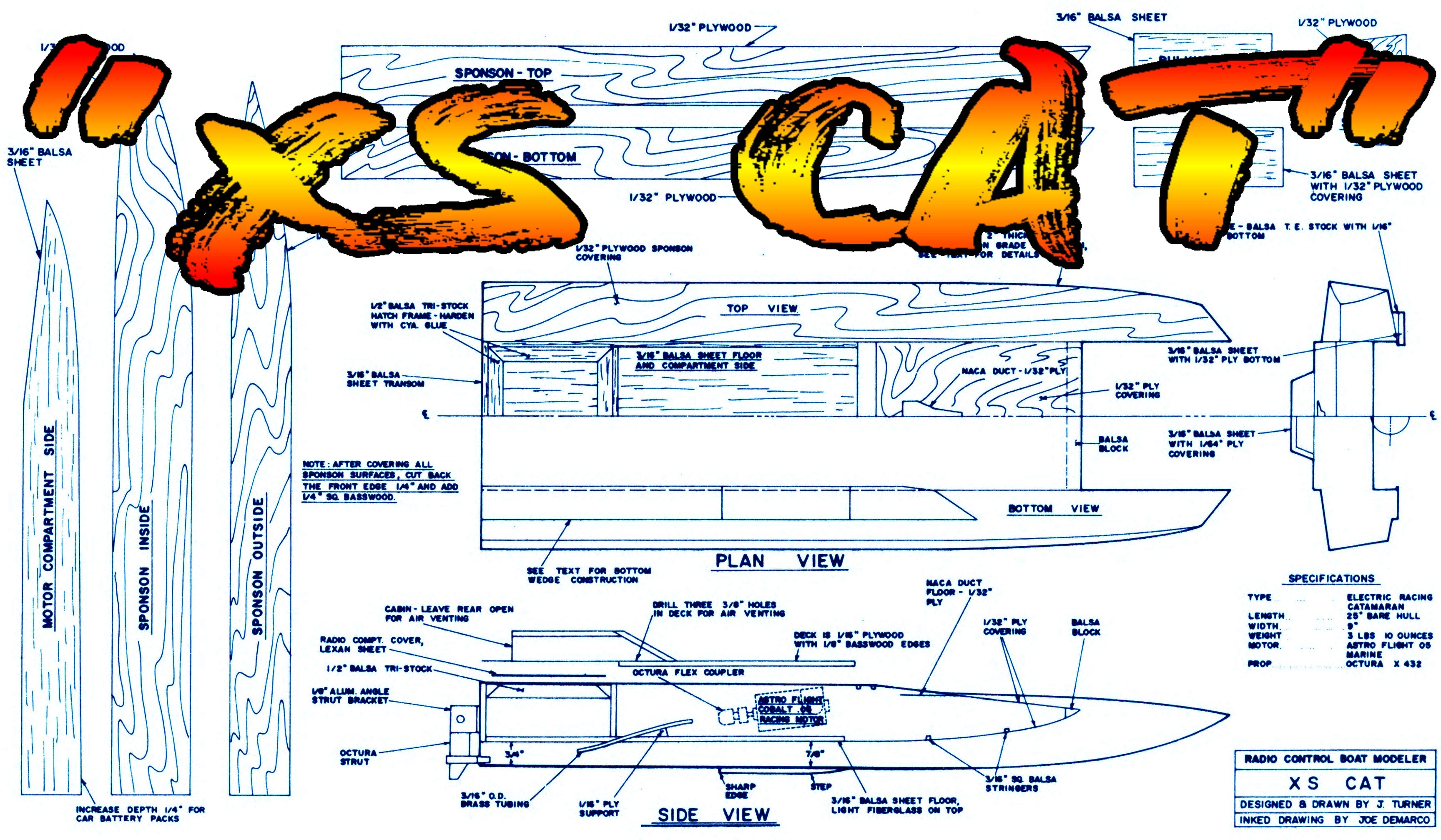 full size printed plan easy foam and wood electric catamaran 25" “xs cat” for radio control