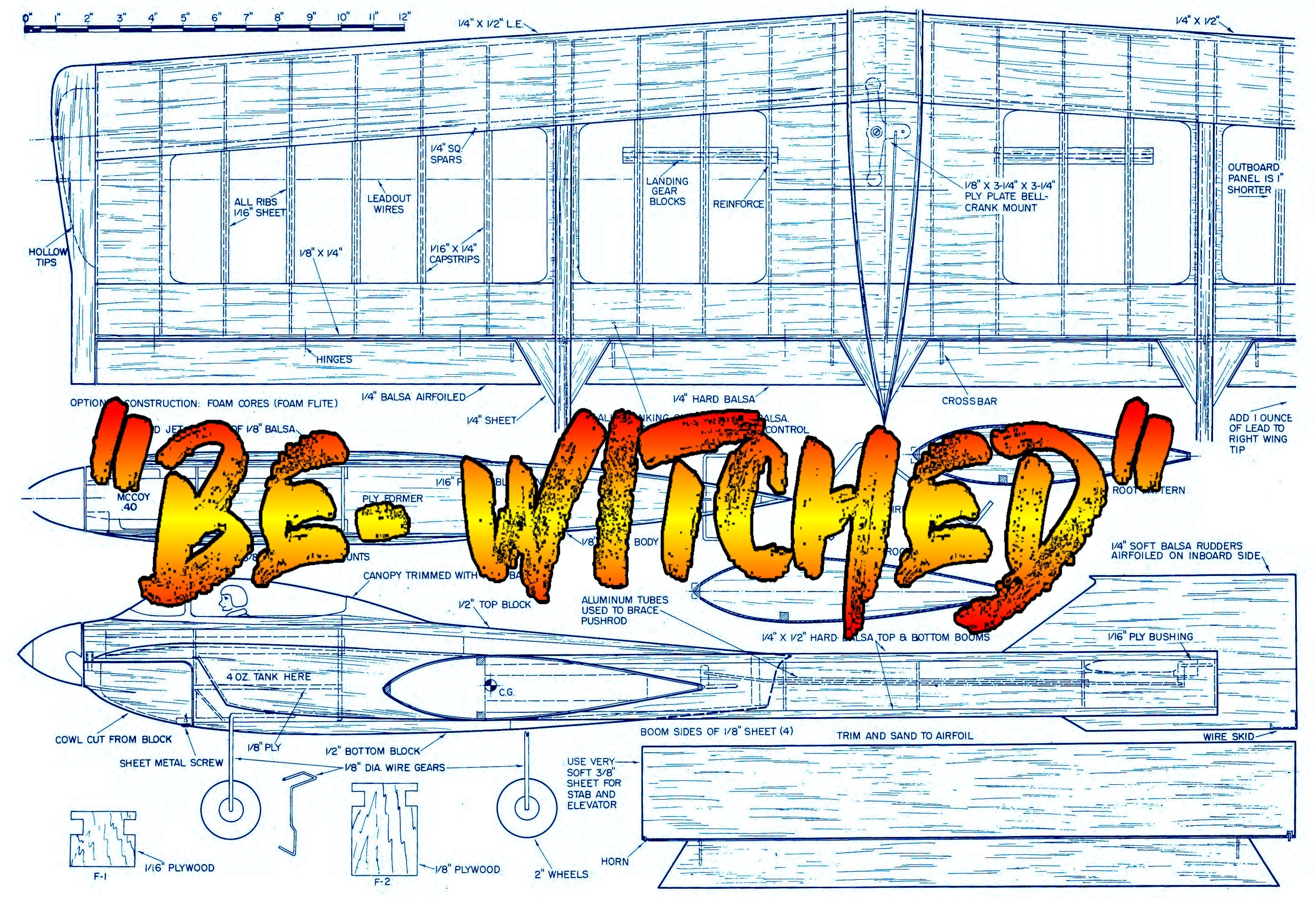 full size printed plans vintage 1972 control line stunter “be- witched” turns a good flights
