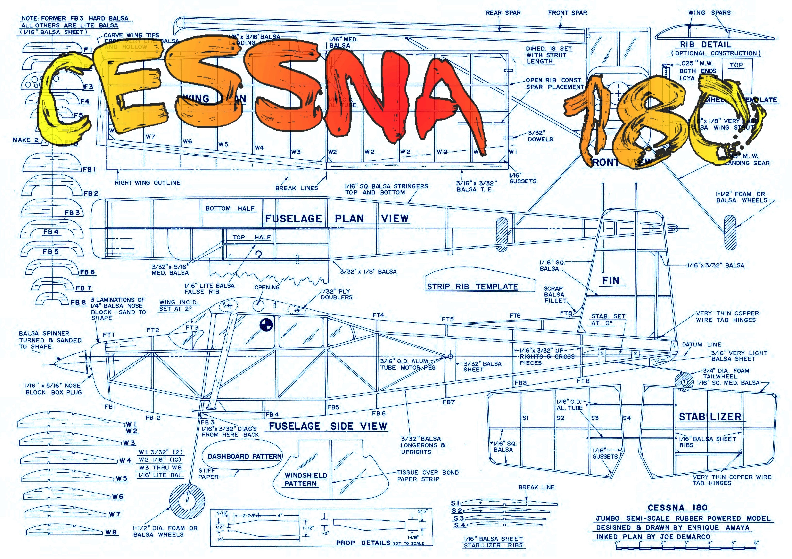 full size printed plans cessna 180 semi scale 1:12  wingspan 38”  power rubber